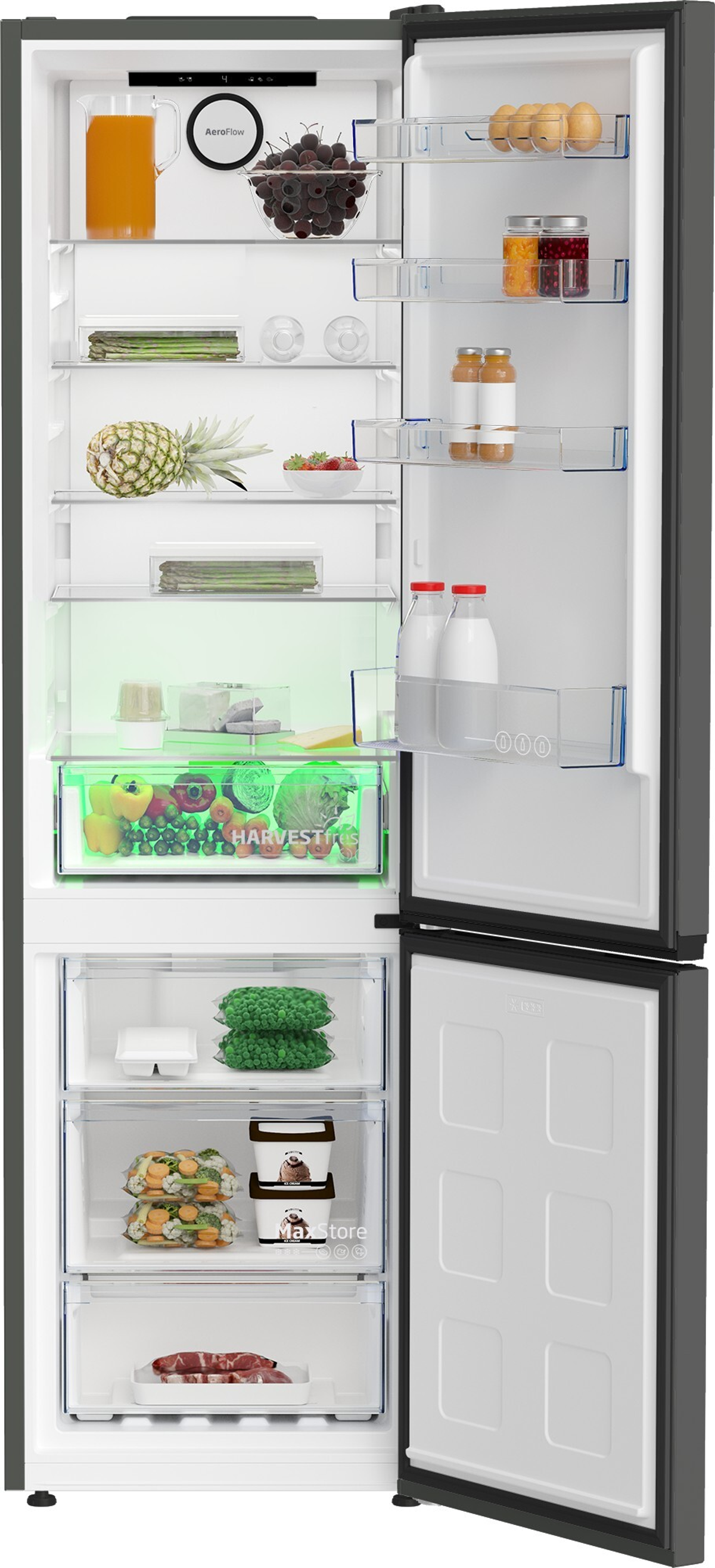 Nevera con puerta abierta, llena de alimentos. Incluye cajones, estantes y varios productos.