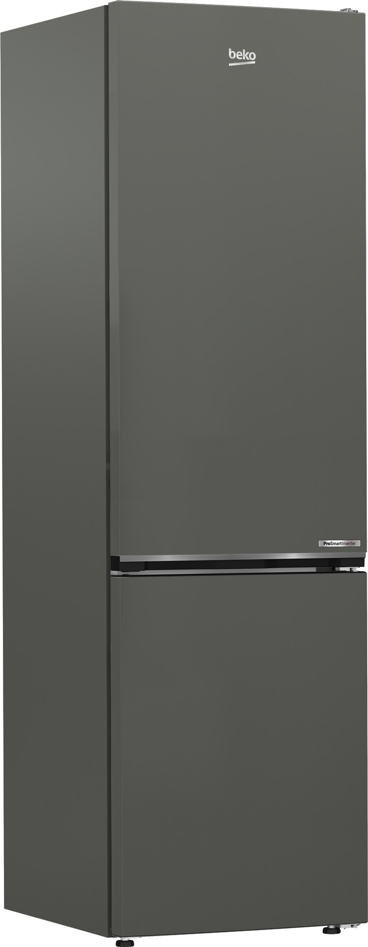 Un refrigerador Beko alto, gris oscuro, con congelador en la parte inferior. La marca está en la parte superior.