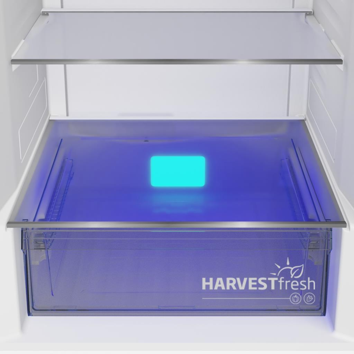 Interior de nevera con cajón HarvestFresh iluminado con luz azul.