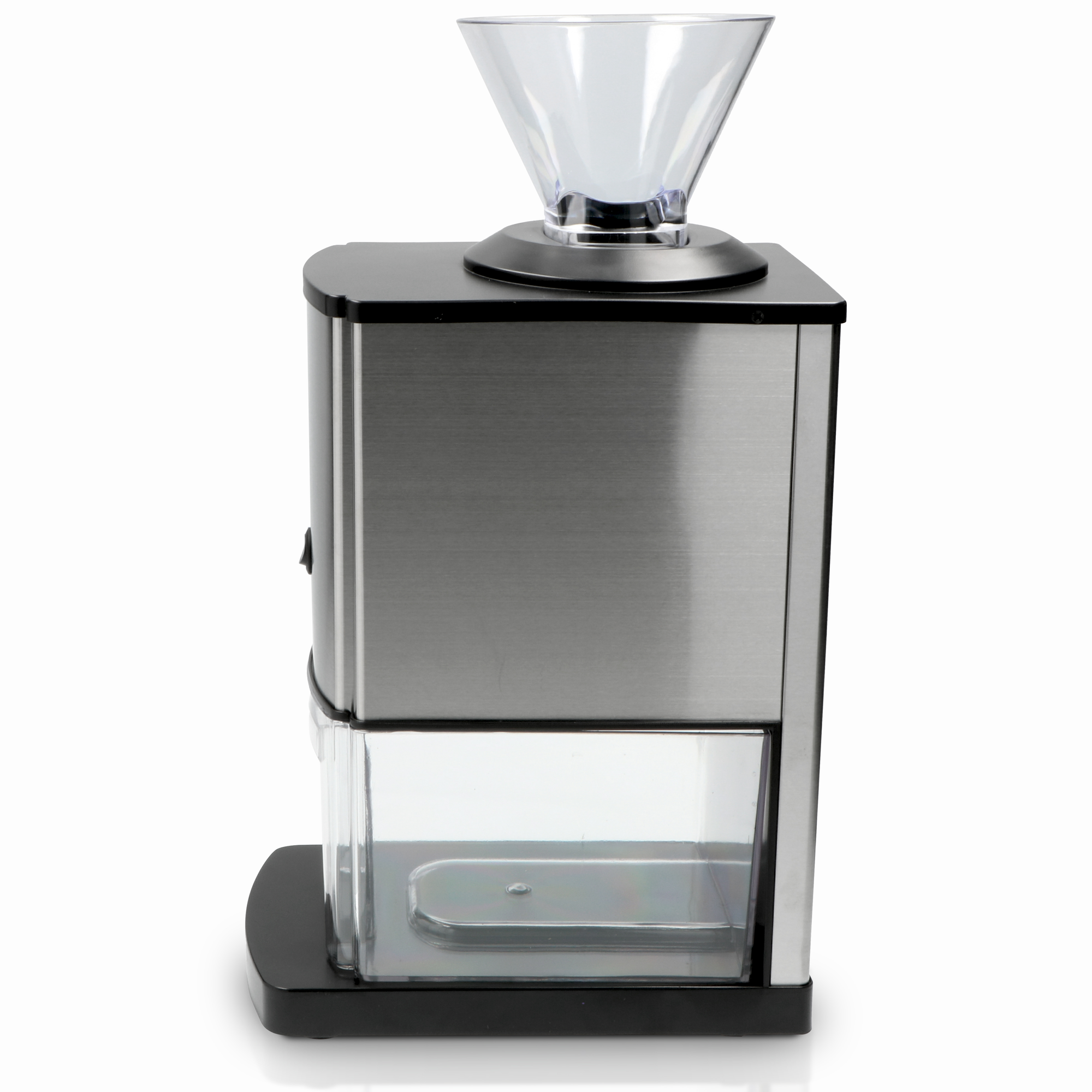 Eine Kaffeemühle mit einem Edelstahlgehäuse, transparentem Trichter und einem schwarzen Sockel. Seitenansicht.
