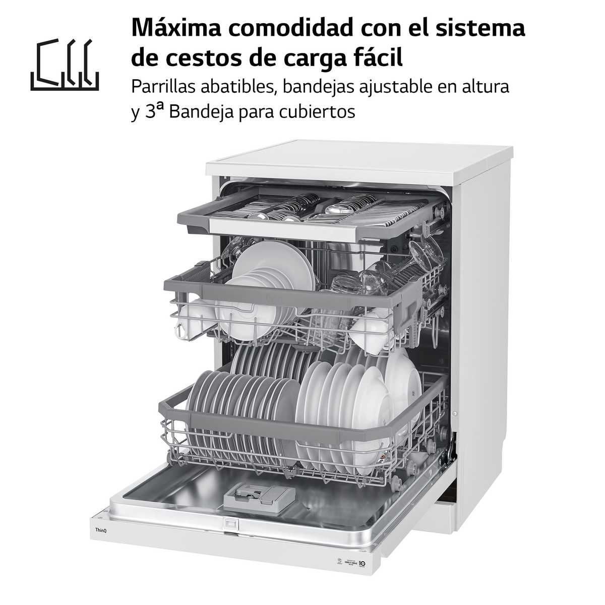 Lavavajillas con puerta abierta, cargado de platos. Muestra tres estantes.