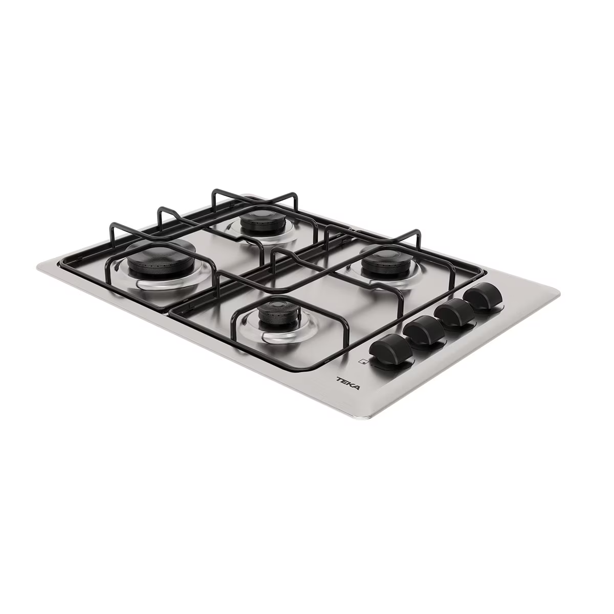 Kuchenka gazowa ze stali nierdzewnej z czterema palnikami i czarnymi pokrętłami.