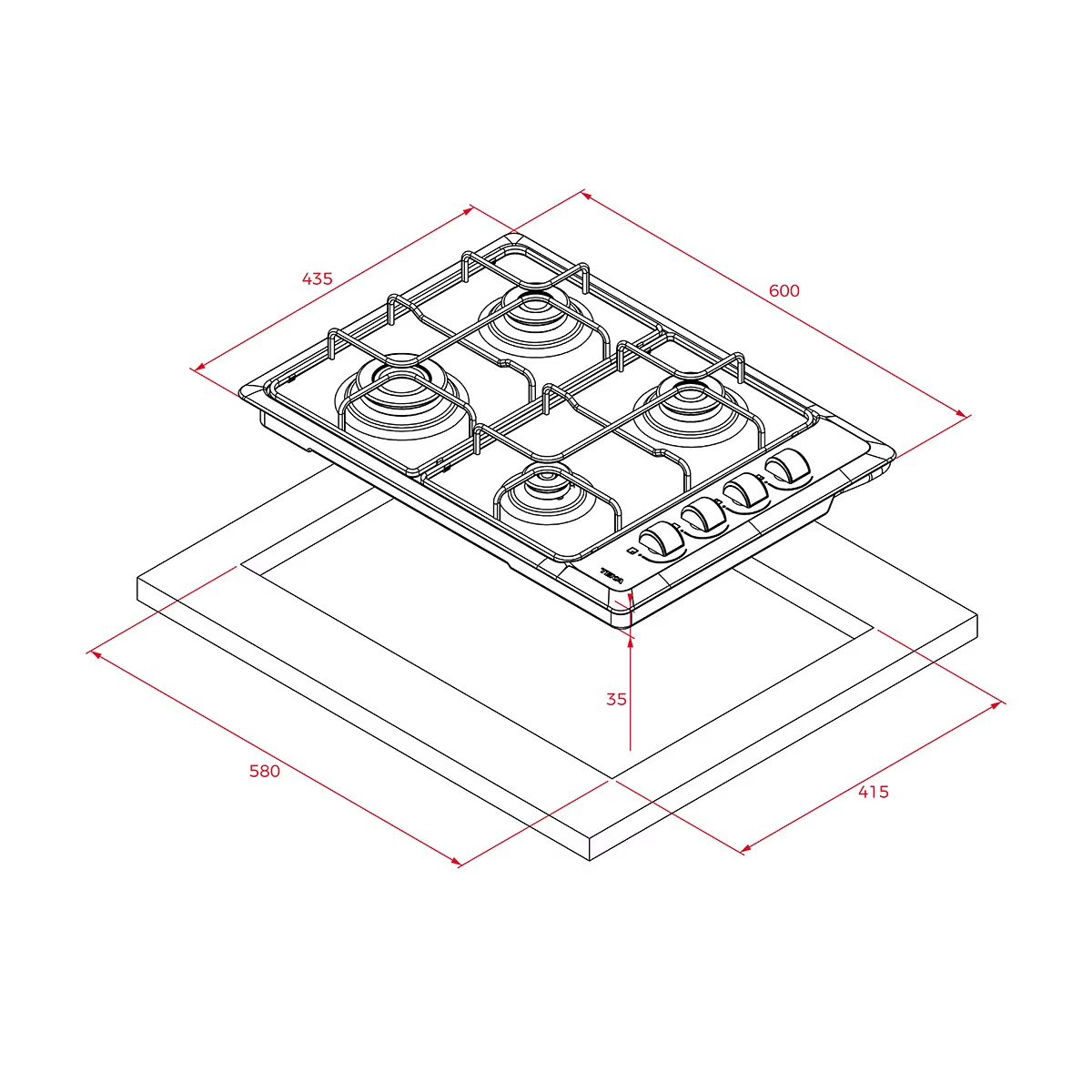 Płyta grzewcza z czterema palnikami. Wymiary są zaznaczone. Cztery pokrętła po prawej stronie.