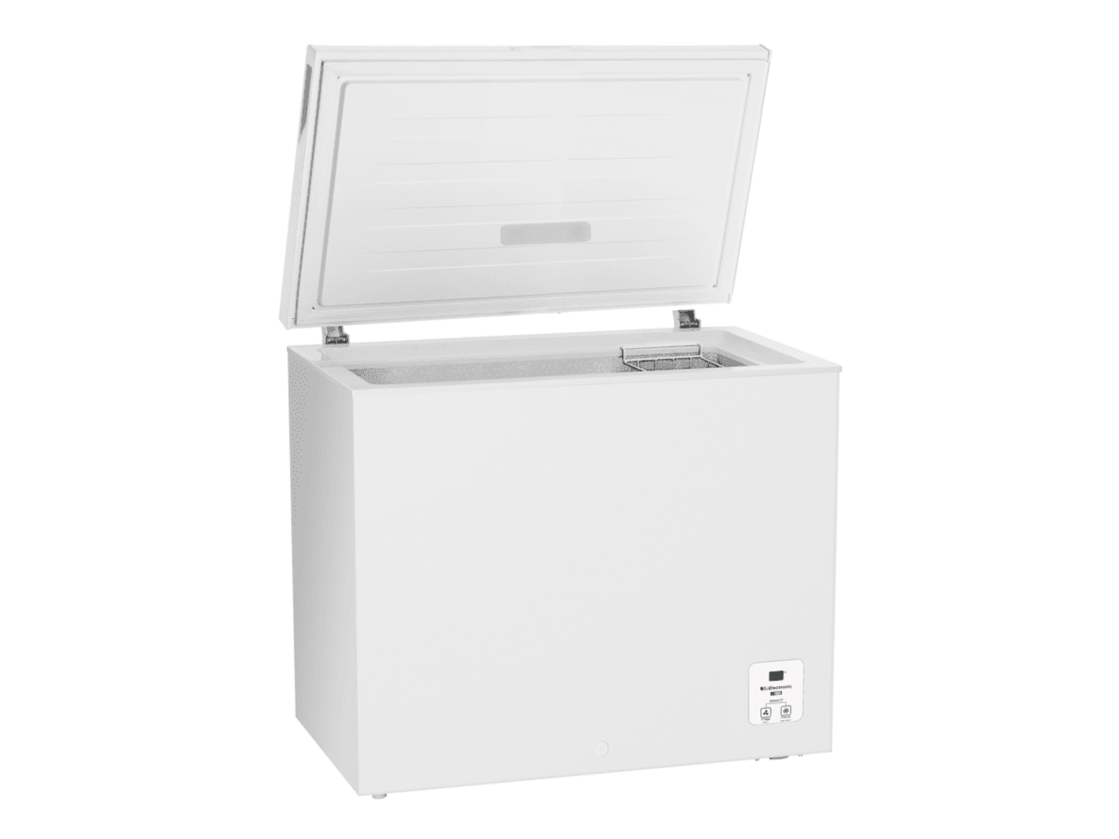 Un congelatore a pozzetto bianco con il coperchio aperto, che mostra l'interno e un pannello di controllo.