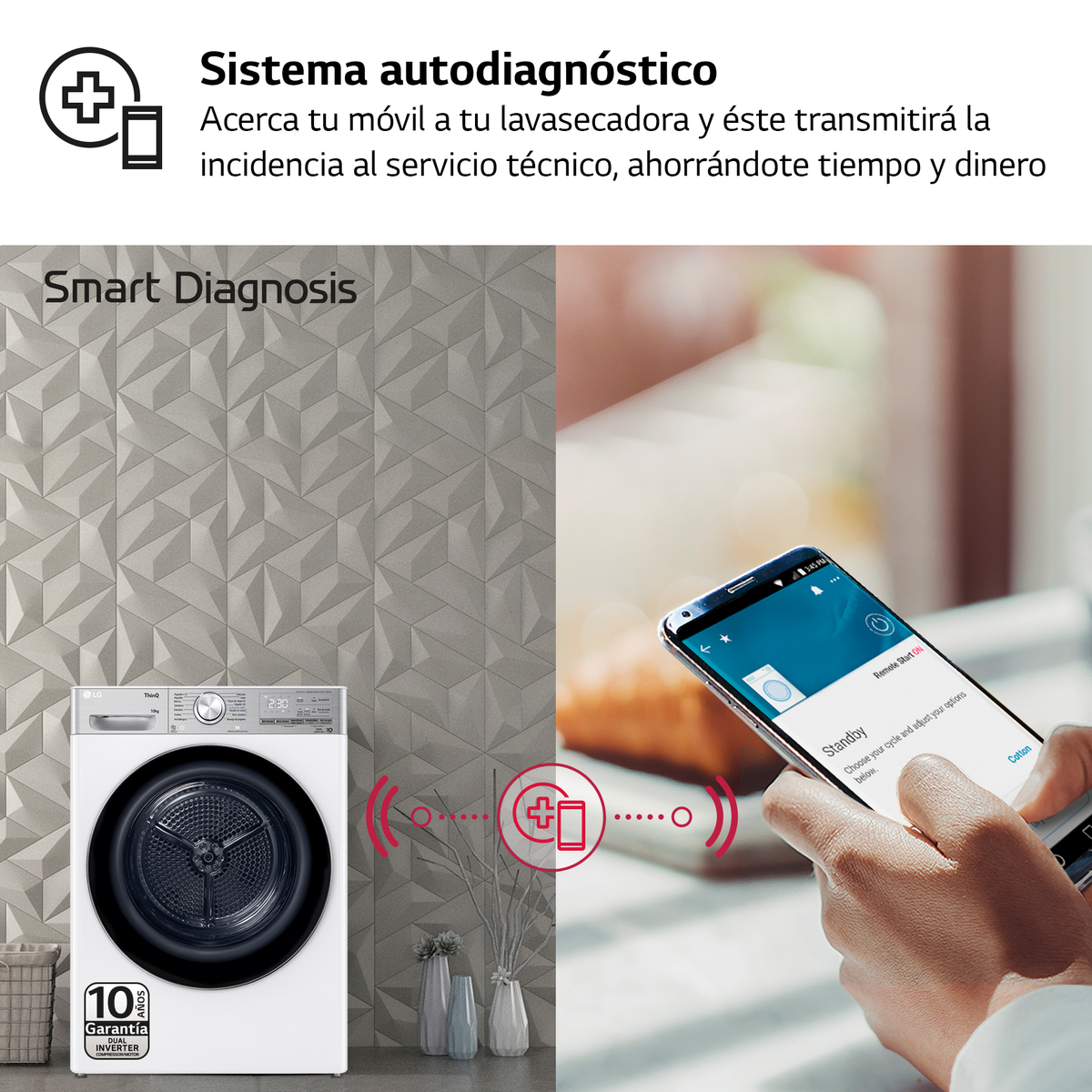 Un'asciugatrice intelligente e un telefono cellulare. L'asciugatrice è collegata al telefono per mostrare lo stato.