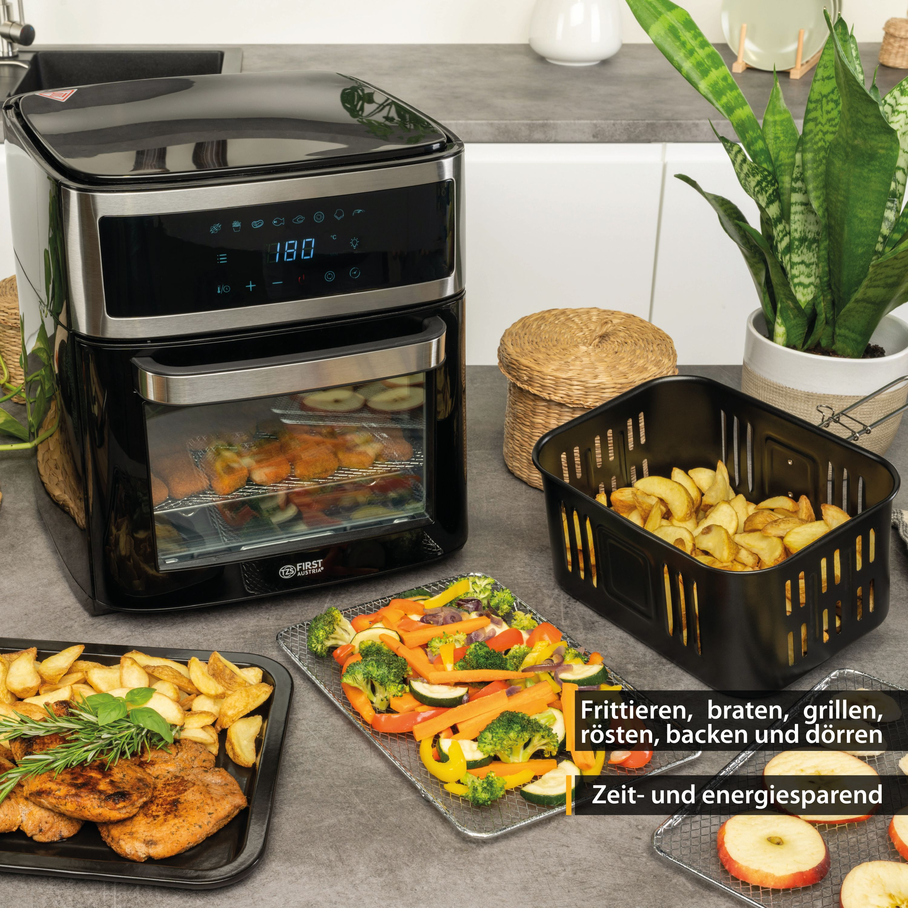 Schwarze Heißluftfritteuse mit Essen, Text über Braten, Backen, Grillen.