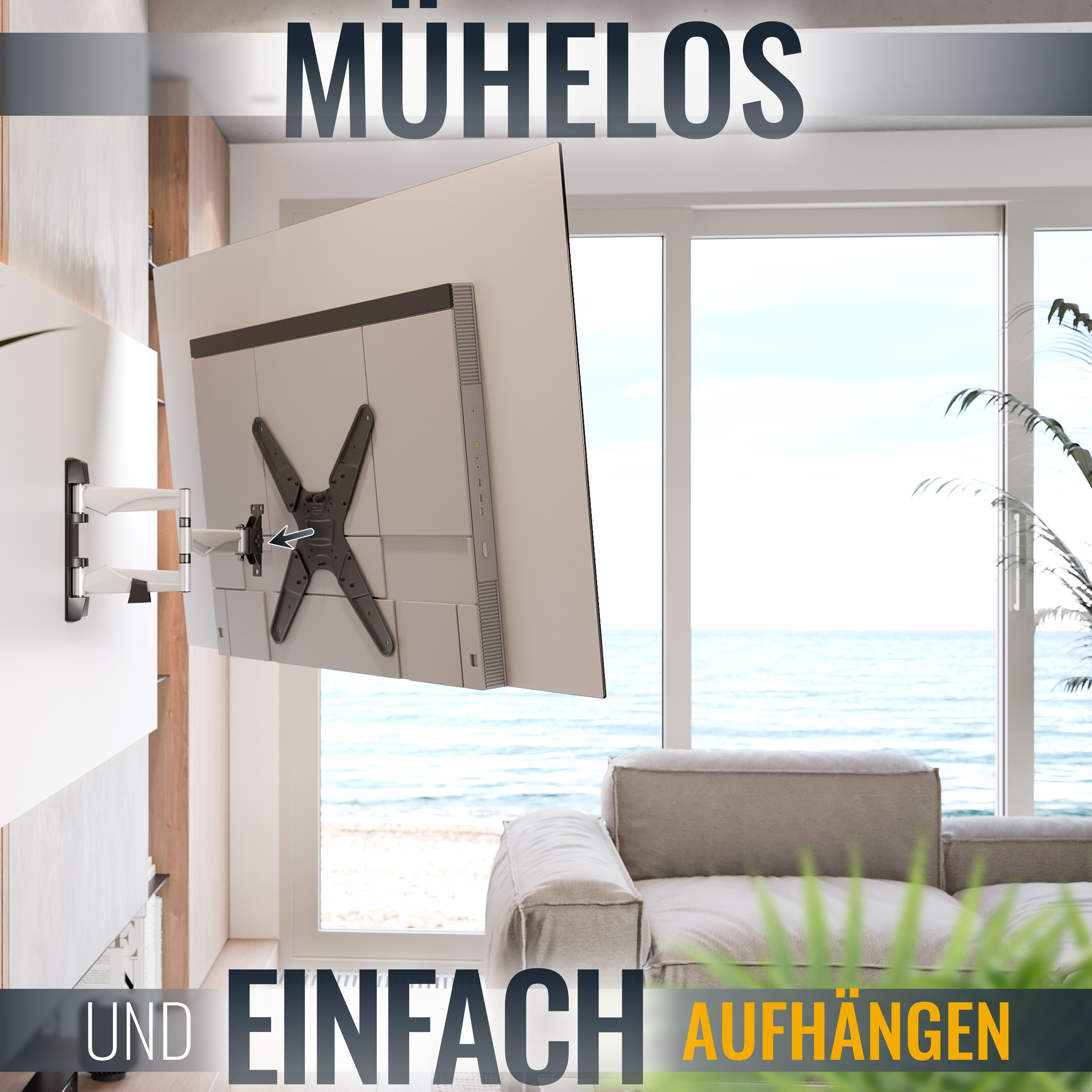 Fernseher an der Wand montiert mit dem Text 'MÜHELOS UND EINFACH AUFHÄNGEN'.