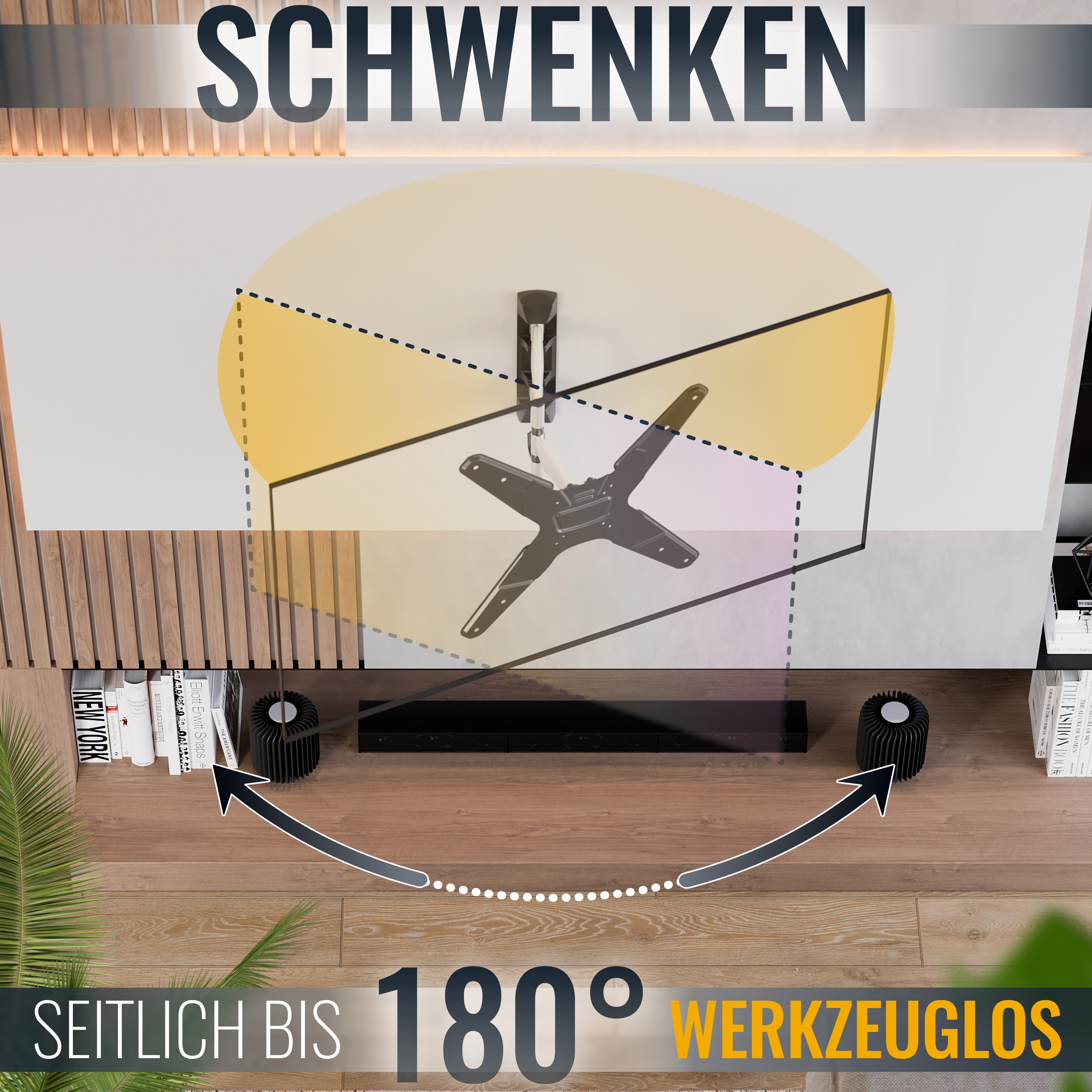 Ein an der Wand montierter Fernseher mit einem Regal darunter. Zeigt eine Schwenkbewegung.