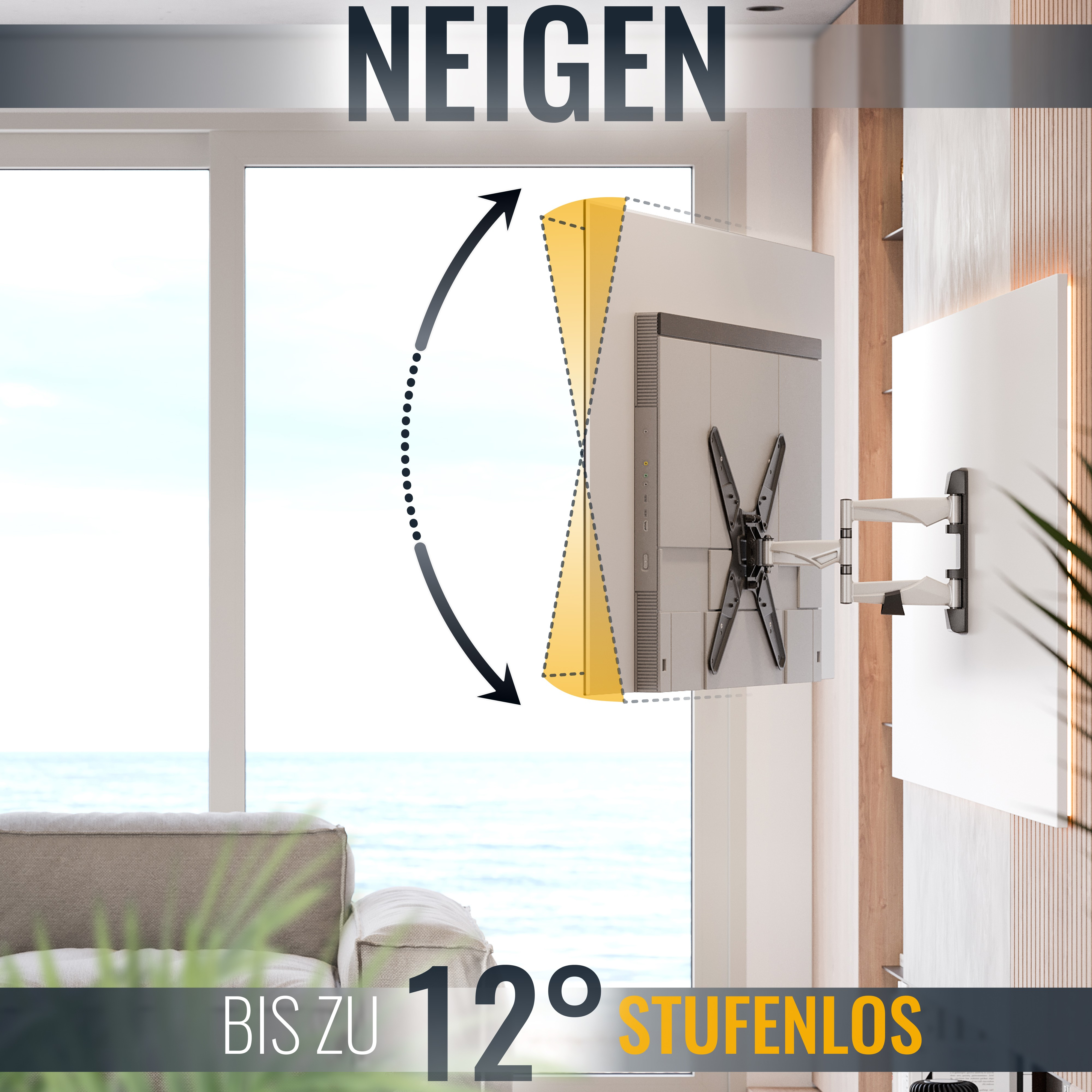 An der Wand montierter Fernseher mit verstellbarem Arm, Kippfunktion.