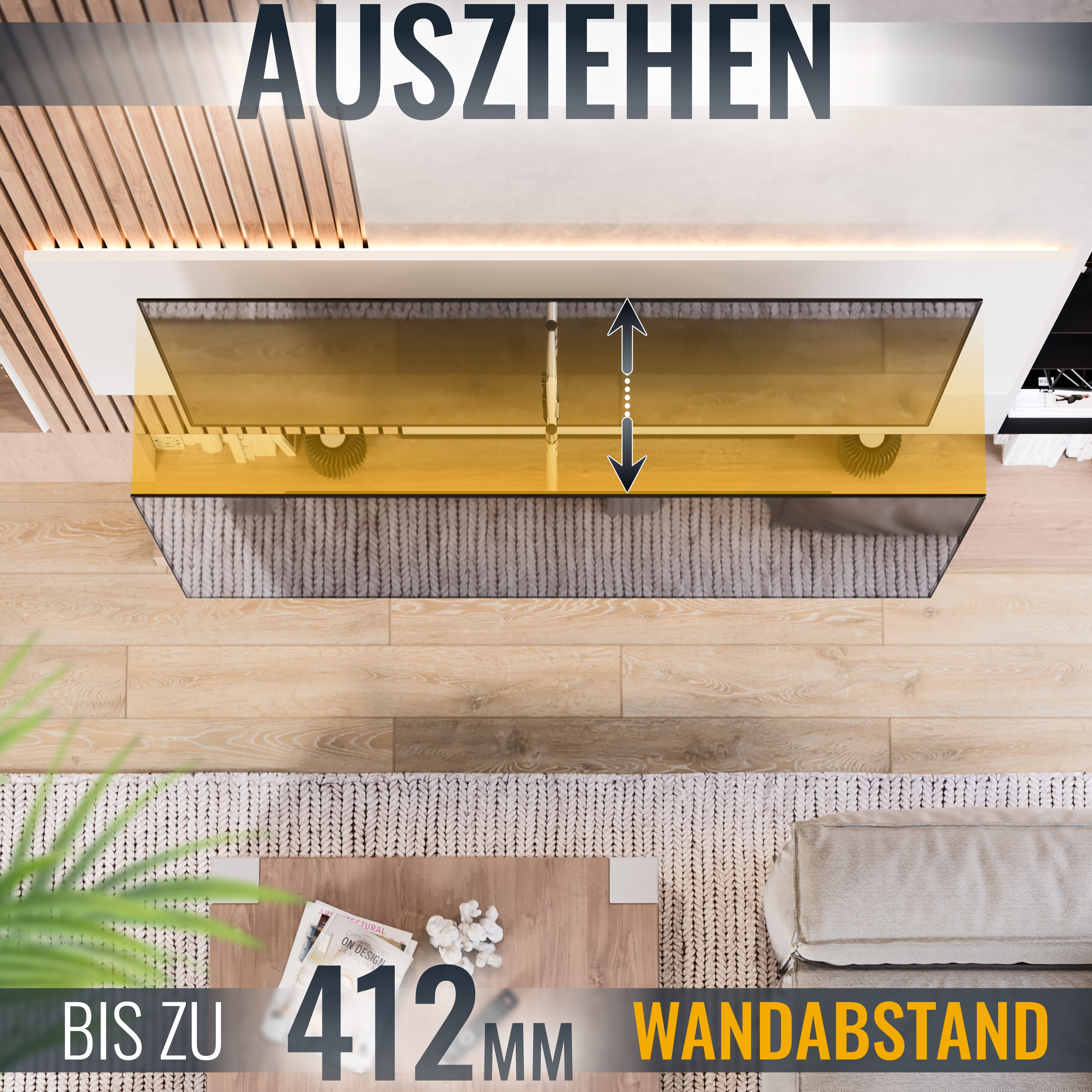 Eine Aufnahme aus der Vogelperspektive eines modernen Innenraums mit Holzboden, Couchtisch und niedrigem Schrank.