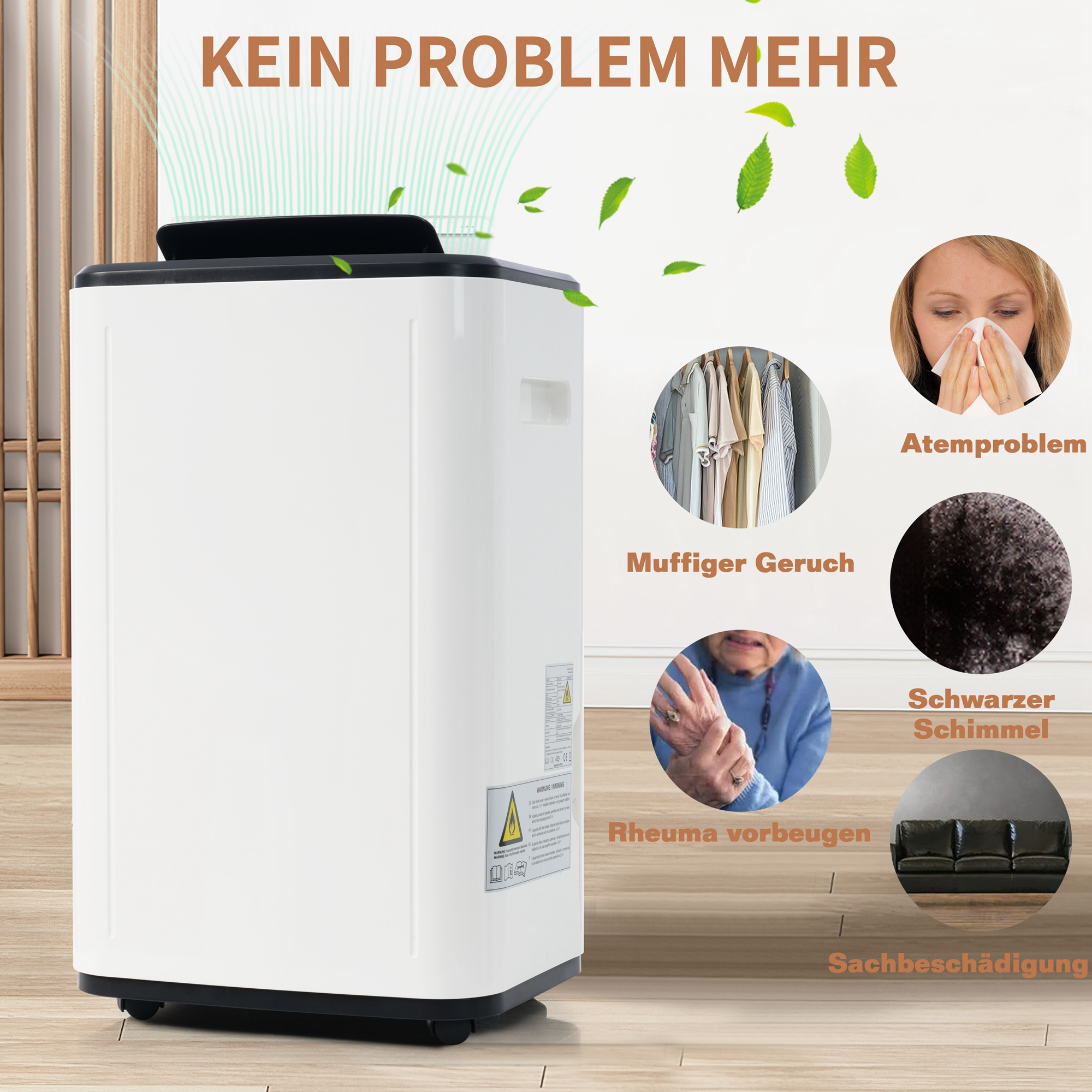 Ein Luftreiniger mit Text und Illustrationen zu gesundheitlichen Vorteilen, einschließlich sauberer Luft und möglicher Linderung.