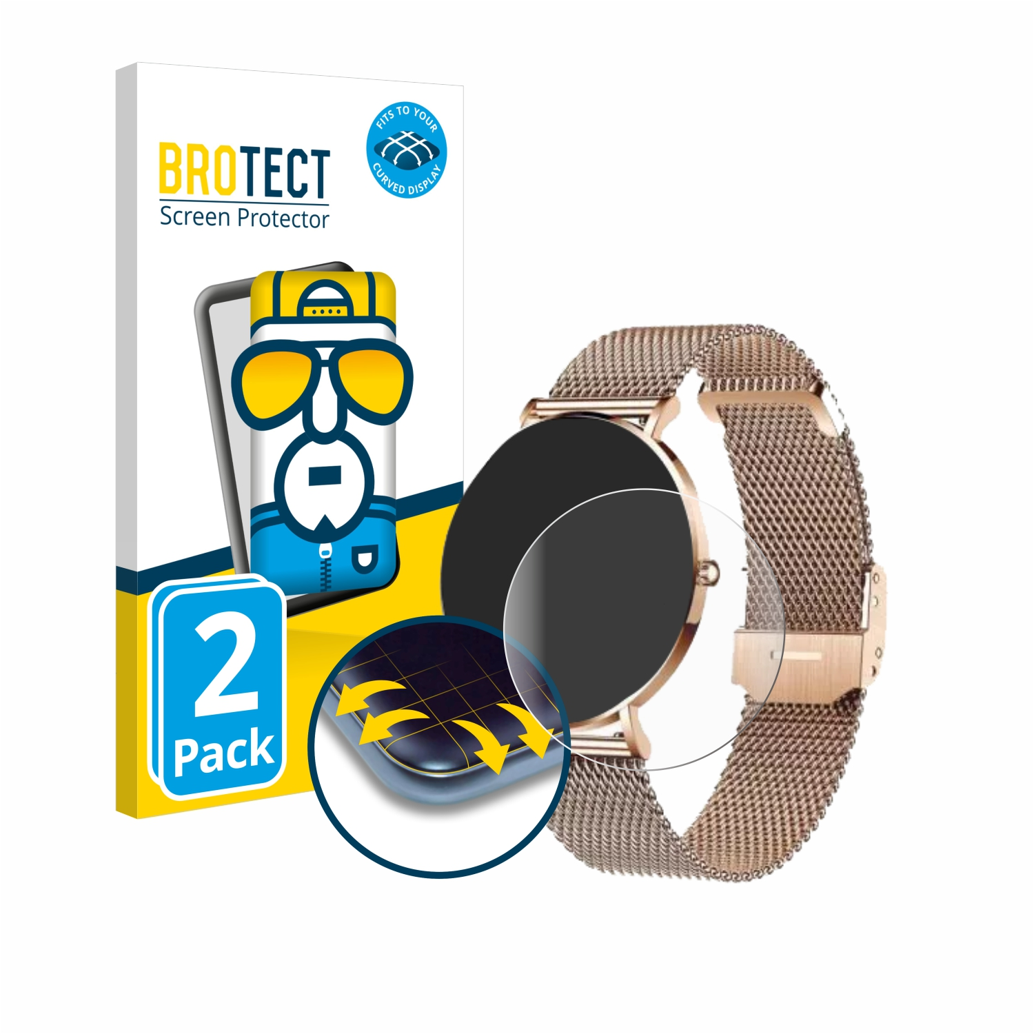 Eine Uhr mit schwarzem Zifferblatt und goldenem Armband sowie eine Displayschutzfolie. Box im Hintergrund.