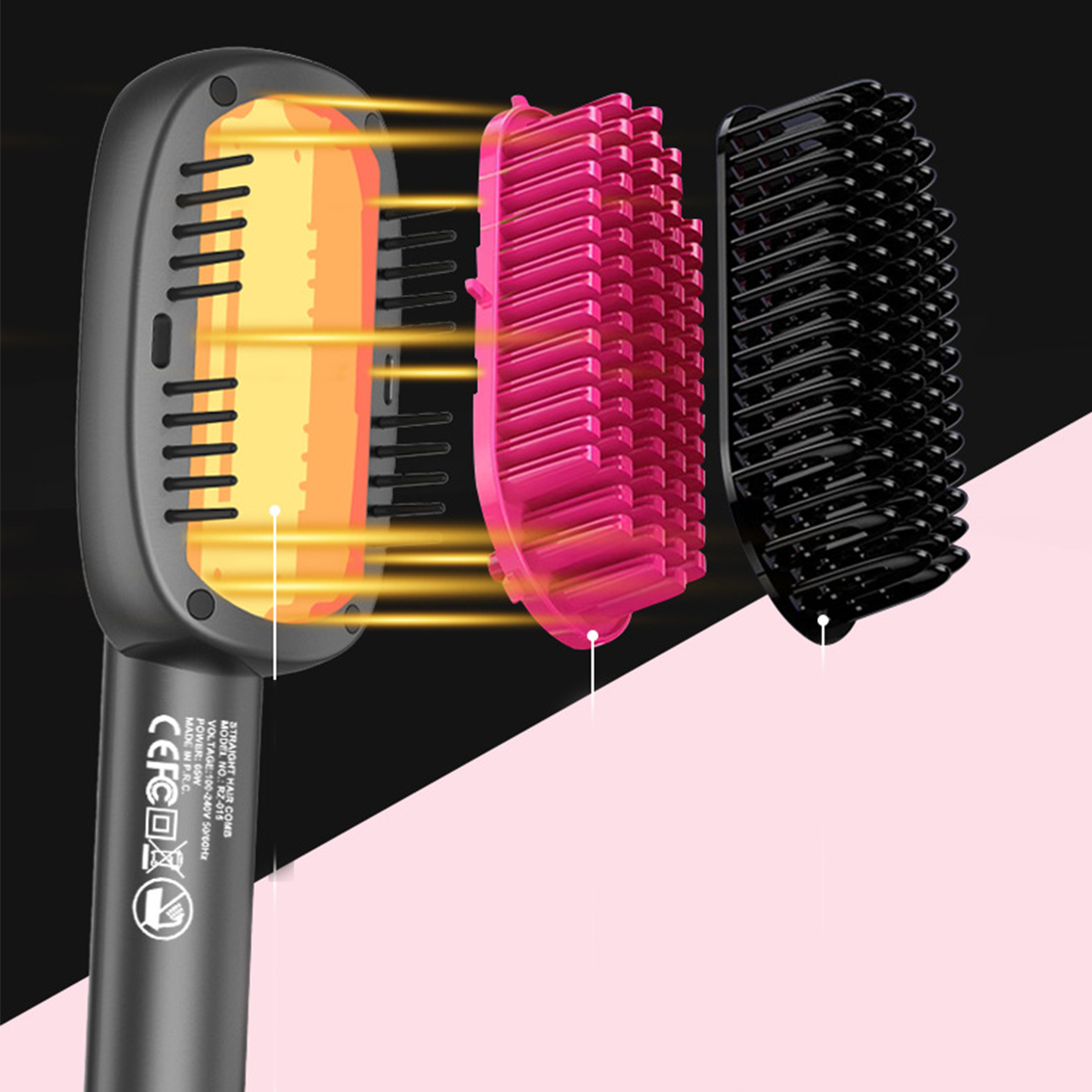 Zerlegte Haarglättungsbürste, die Heizelemente und Bürstenköpfe zeigt.