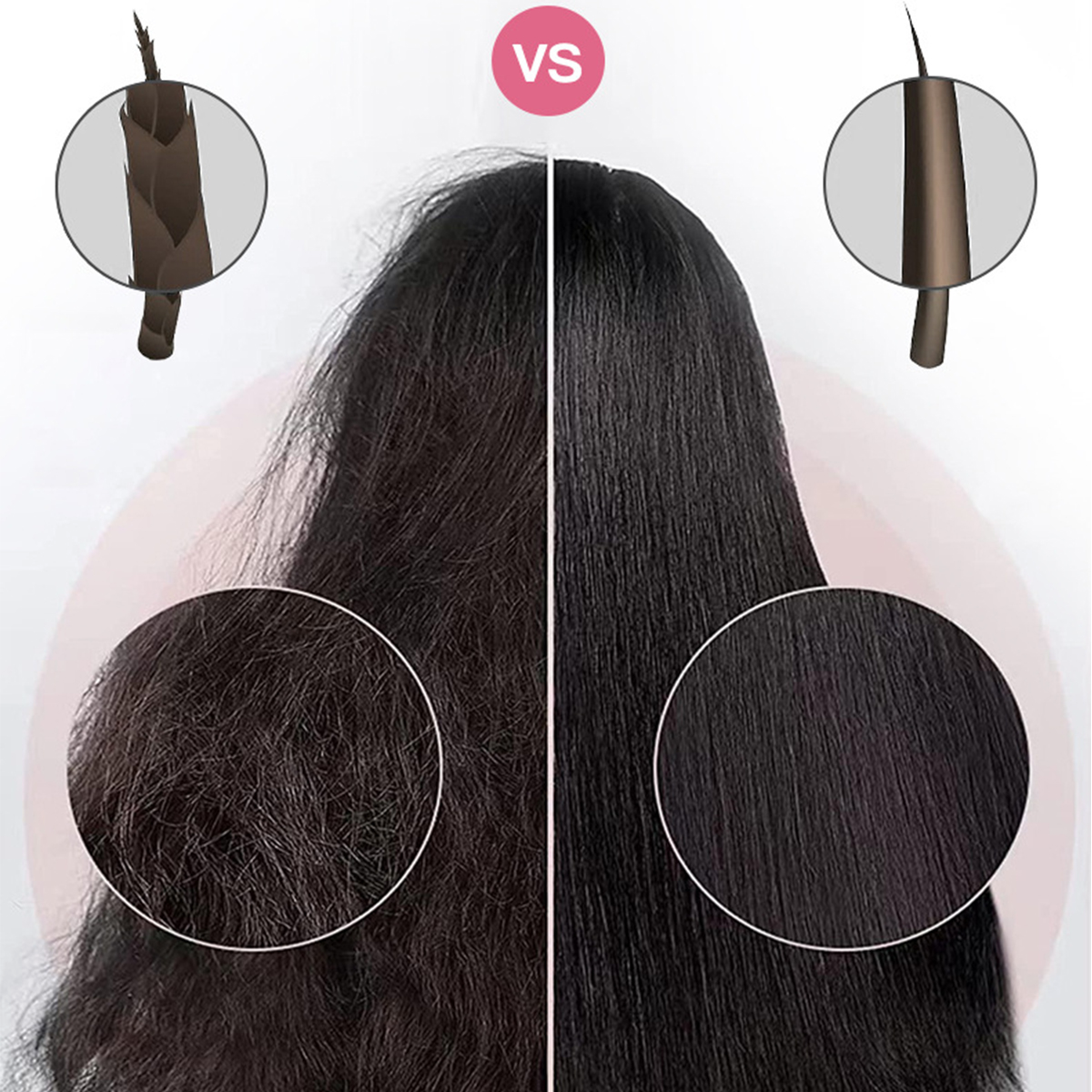 Haarvergleich: Krauses, geschädigtes Haar vs. glattes, glänzendes Haar. Klare Kreise zeigen Nahaufnahmen.
