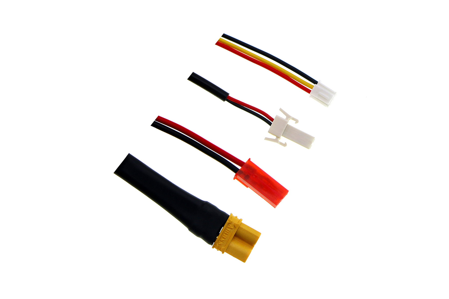 Cuatro cables de colores con conectores, sobre blanco. Se ven cables negros, rojos, amarillos y blancos.