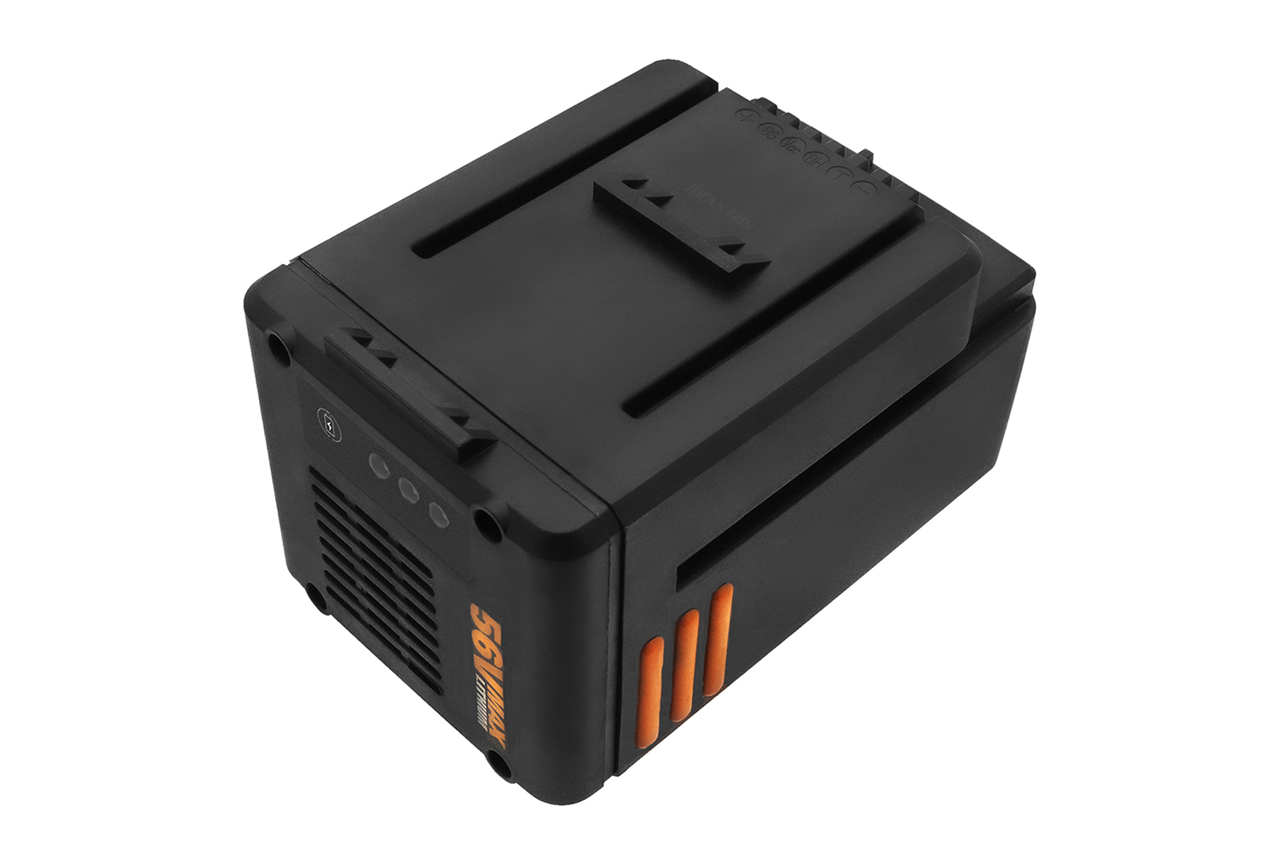 Un pacco batteria nero con dettagli arancioni. Ha una copertura e pulsanti neri.