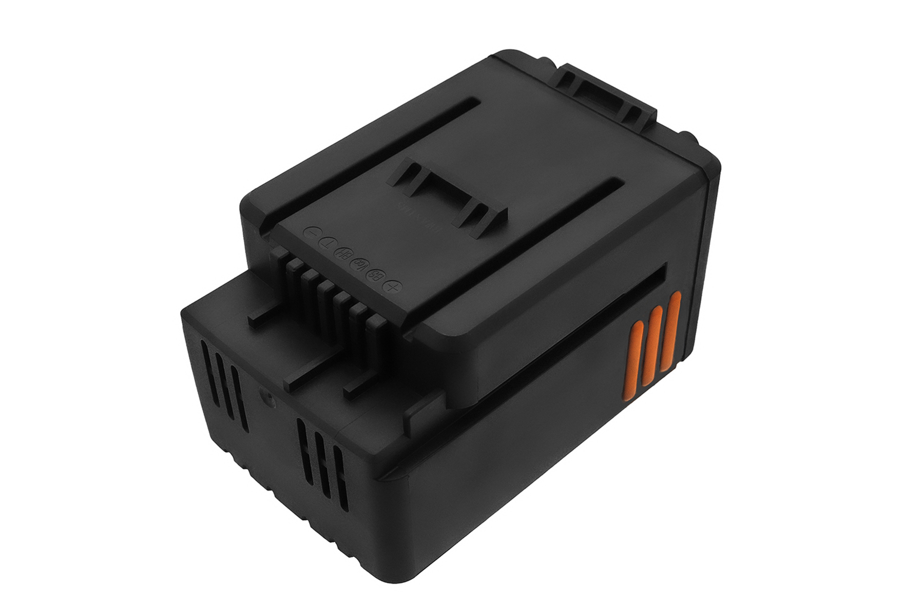 Pacco batteria nero con accenti arancioni, vista angolata. Il pacco ha fori di ventilazione e terminali sulla parte superiore.