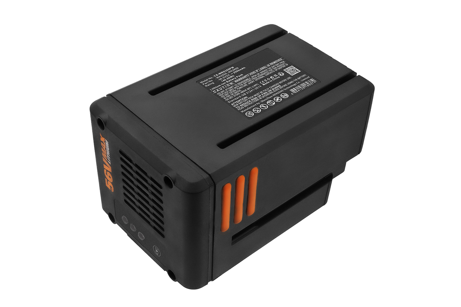 Batteria nera con dettagli arancioni, etichettata '56V MAX Lithium-ion' con dettagli tecnici.