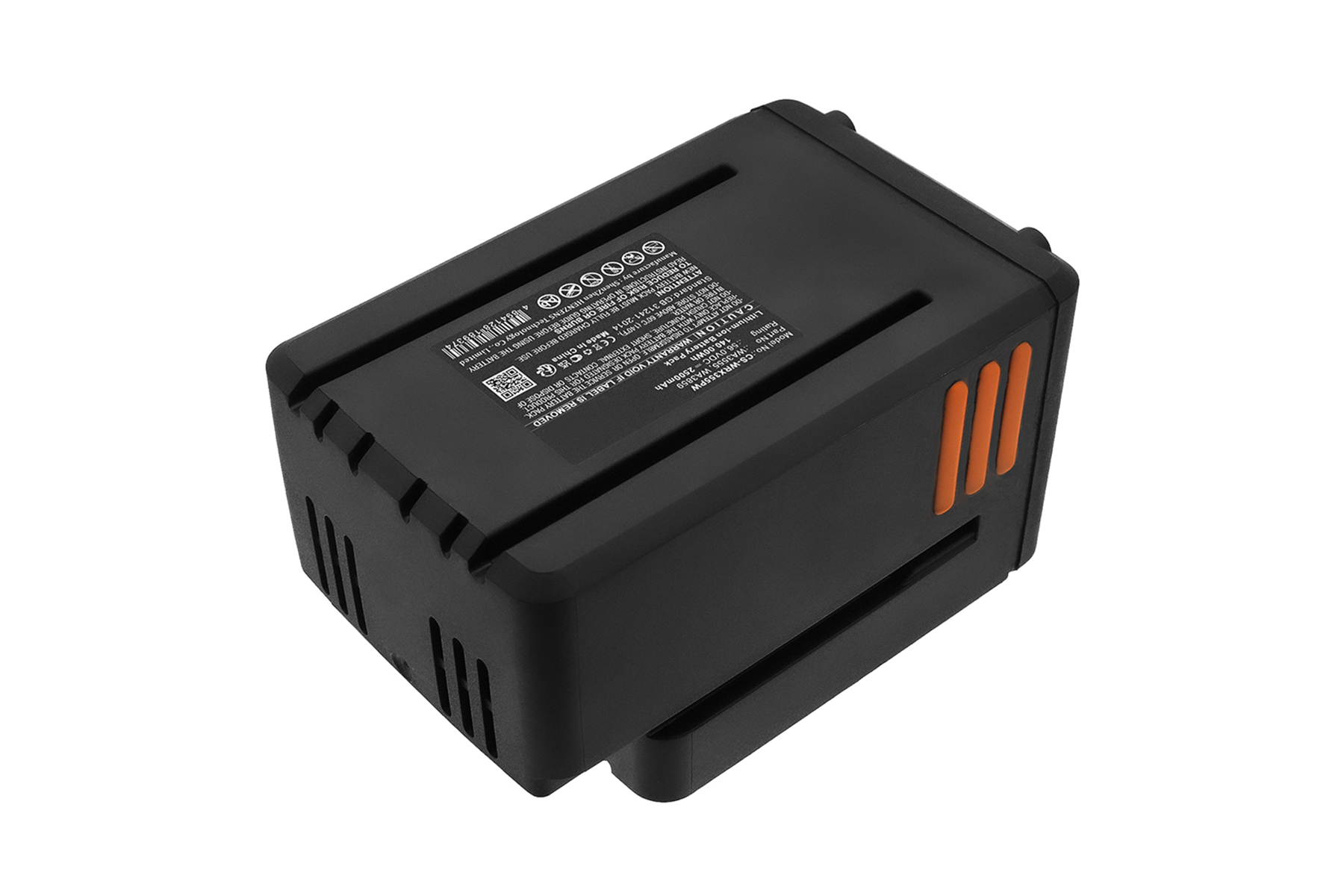 Una batteria nera con strisce arancioni sul lato, su sfondo bianco.