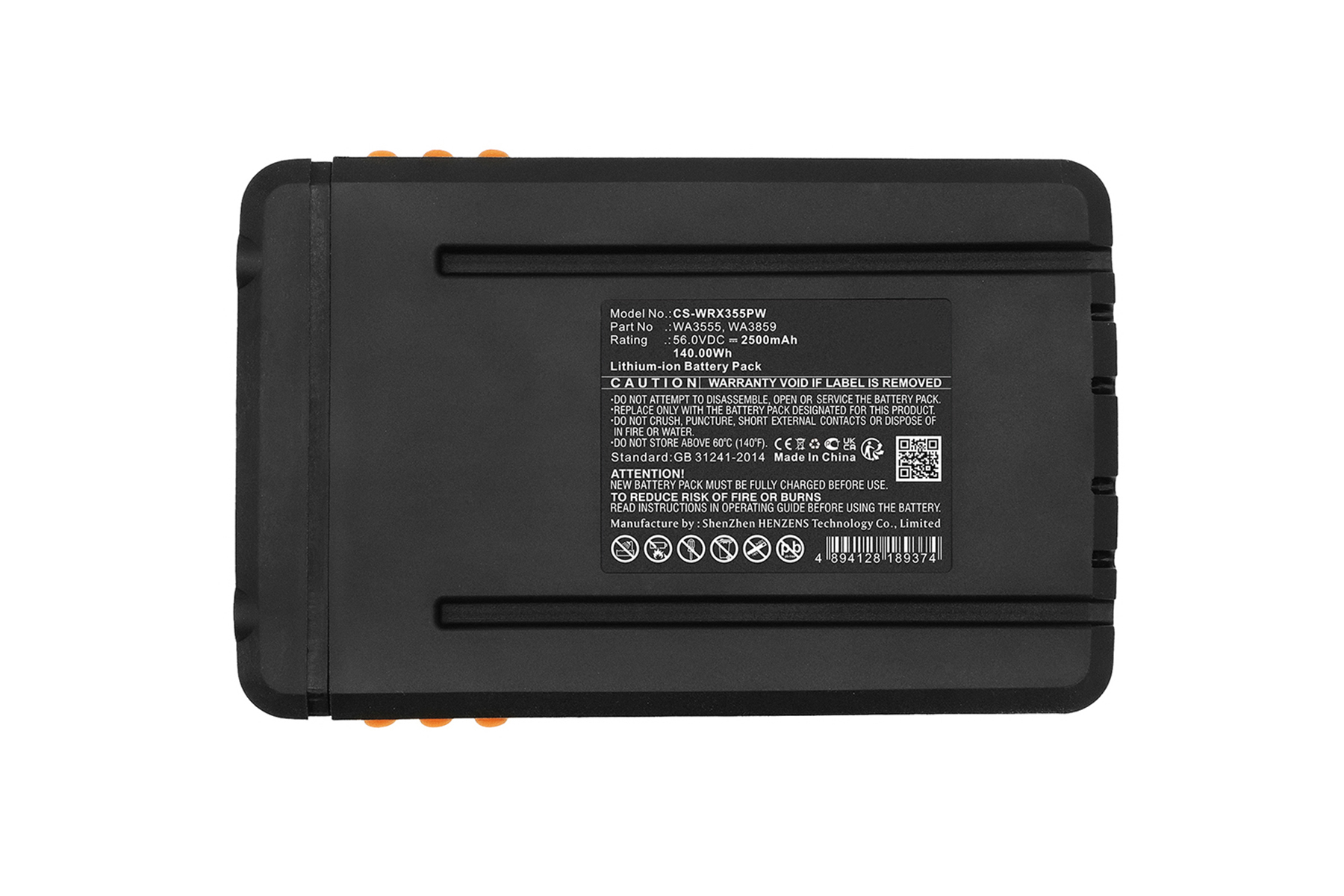 Batteria agli ioni di litio nera con testo ed etichette sulla superficie superiore, isolata su bianco.