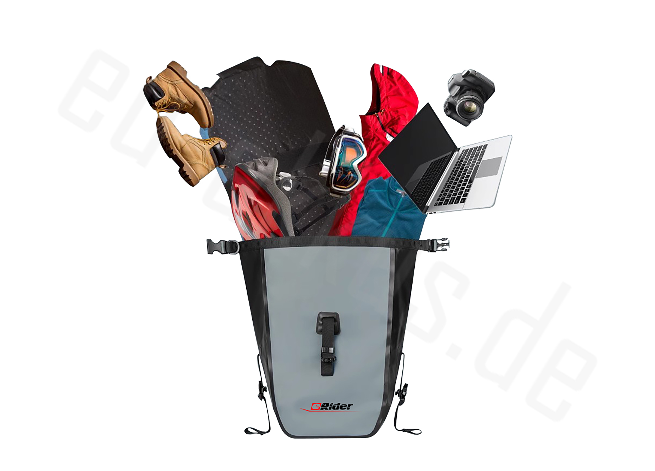 Wasserdichte Tasche mit herausfliegenden Gegenständen: Stiefel, Jacke, Kamera, Laptop.