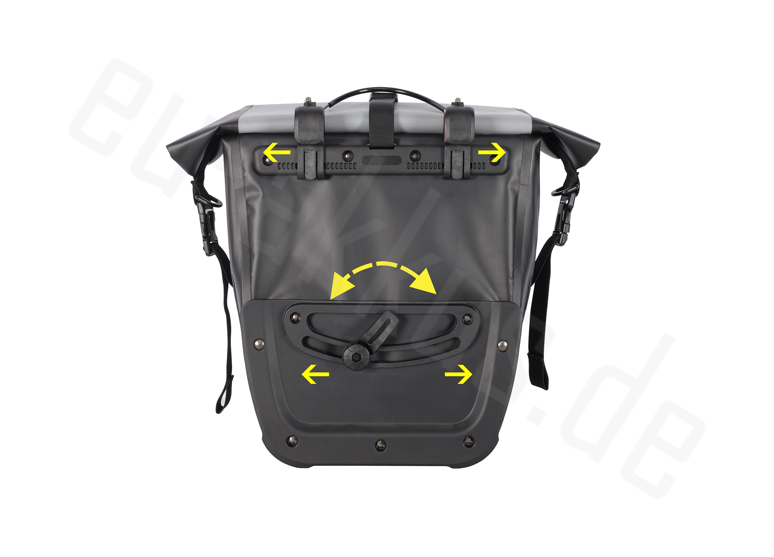 Graue Fahrradtasche mit schwarzen Riemen und einem Griff.