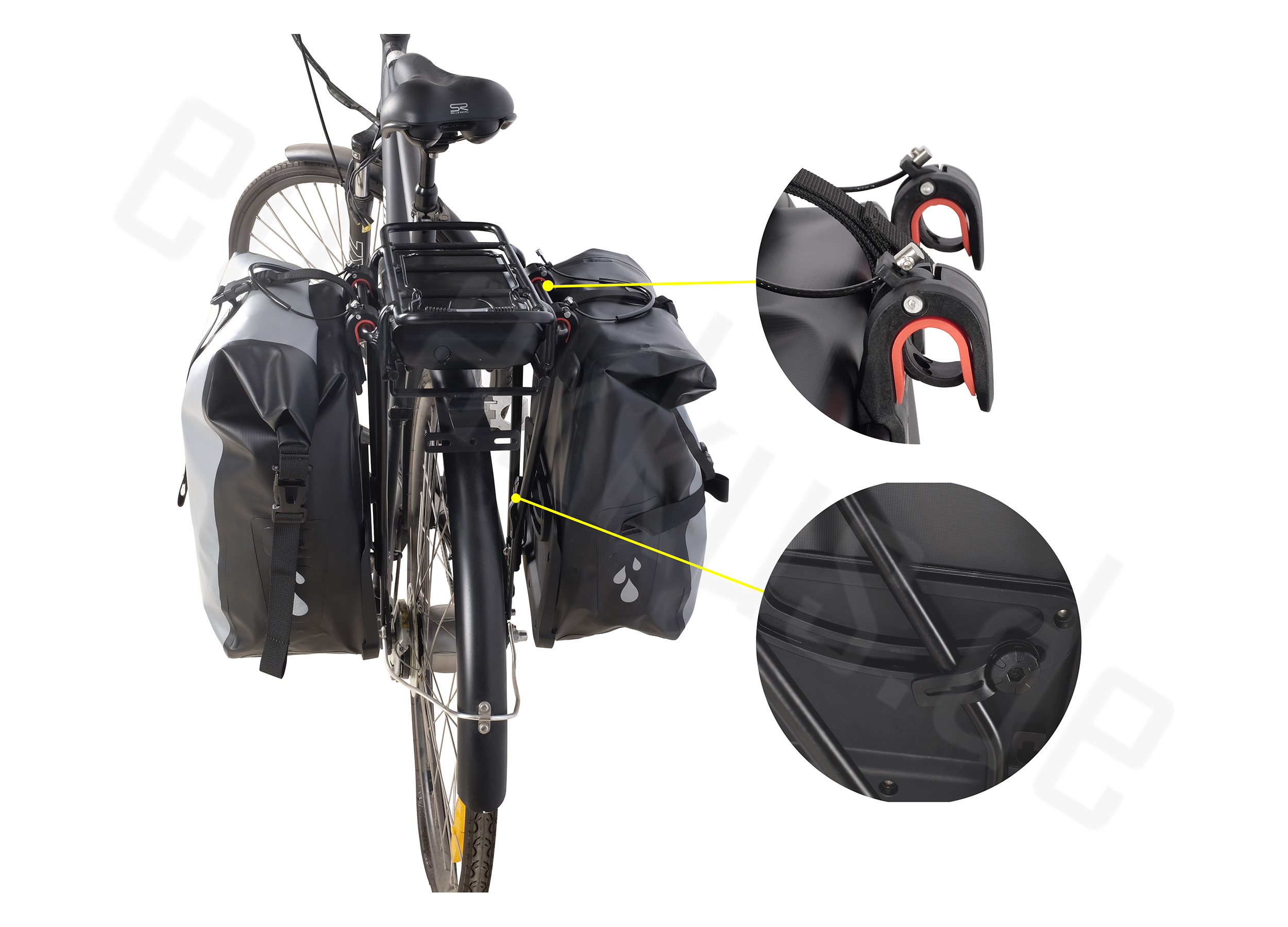 Fahrrad mit am Heck befestigten Packtaschen. Nahaufnahme des Befestigungssystems.