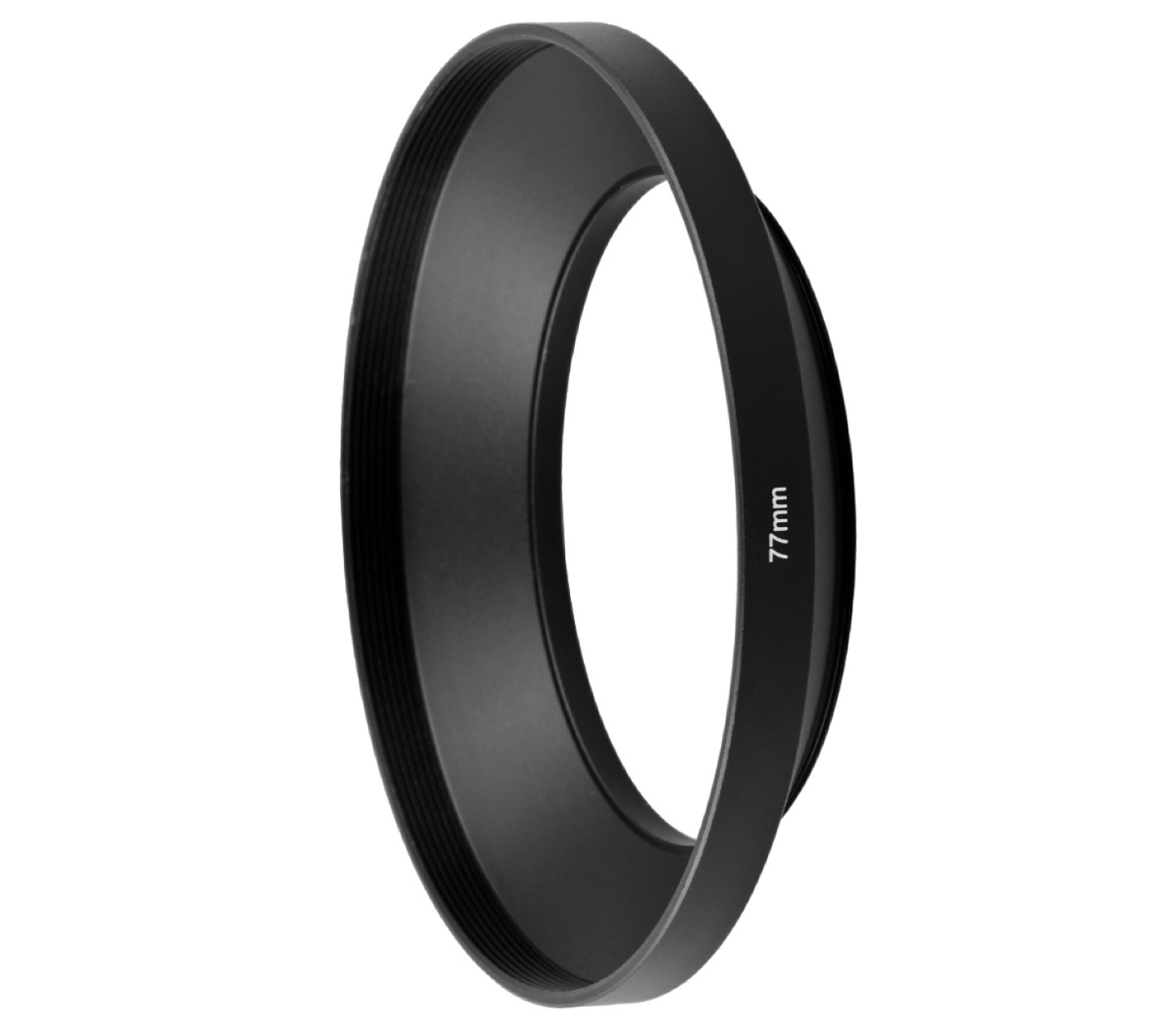 Schwarze Sonnenblende mit 77mm Markierung, kreisförmig, für Kamera, auf weißem Hintergrund.
