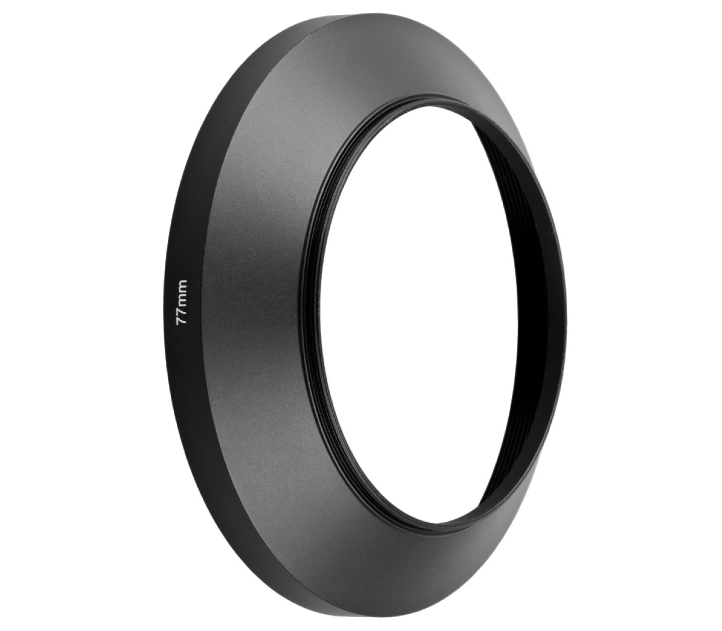 Eine schwarze, kreisförmige Sonnenblende mit 77mm Markierung. Mattes Finish.