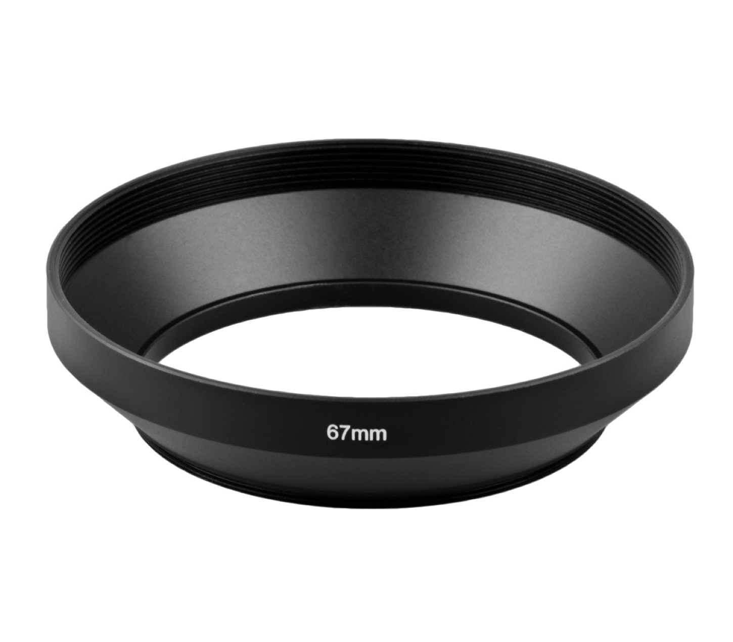 Schwarze Sonnenblende mit "67mm" Markierung, vor weißem Hintergrund.