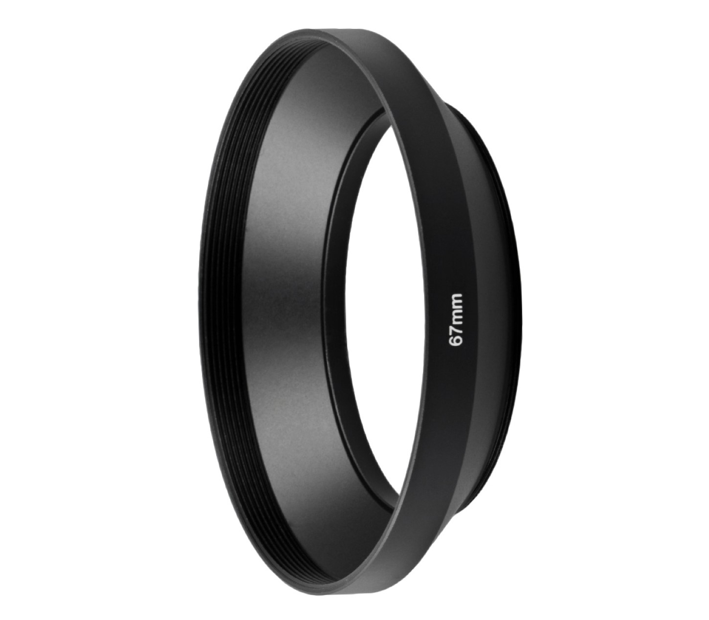 Eine schwarze Objektiv-Gegenlichtblende mit dem Text "67mm" auf der Seite.