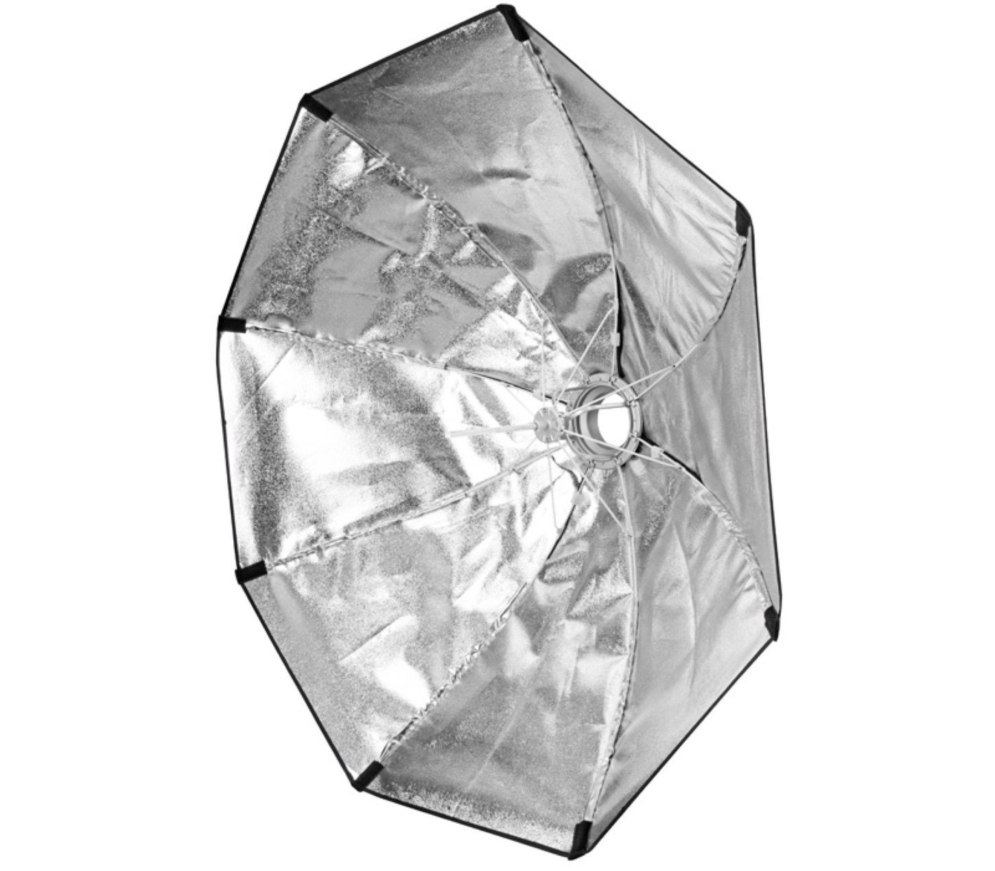 Silberne achteckige Softbox für Studiobeleuchtung, weißer Hintergrund.