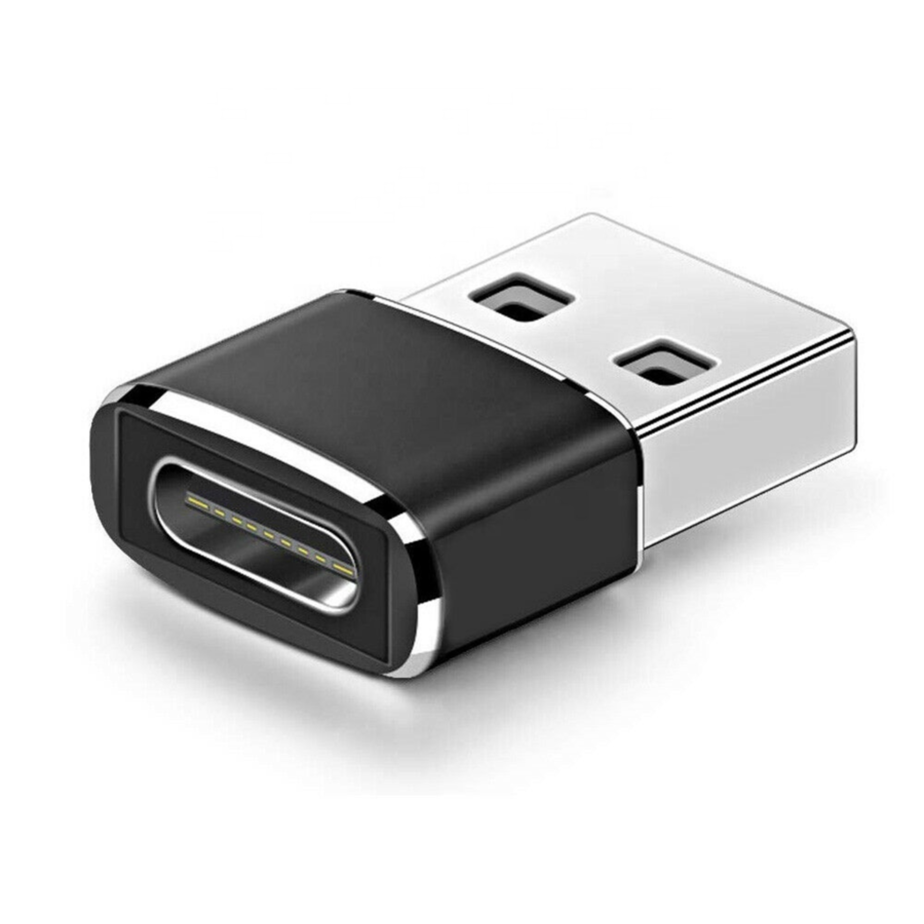 Ein schwarzer USB-C-zu-USB-A-Adapter, mit einem Typ-C-Anschluss und einem USB-A-Stecker.