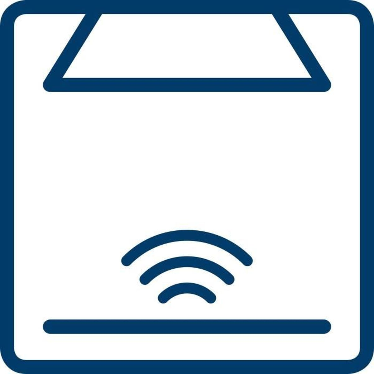 Ein blau-weißes Symbol eines Funksignals in einem quadratischen Rahmen, das die drahtlose Funktionalität anzeigt.