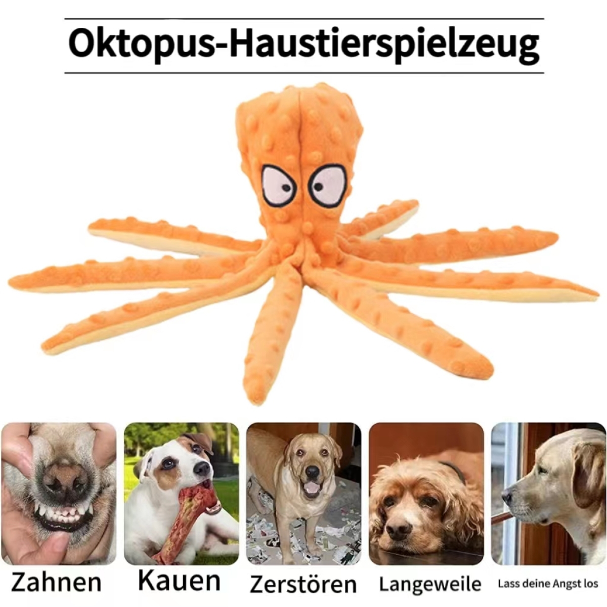 Oranges Octopus-Spielzeug mit Hundebildern: Zähne, Kauen, Zerstören.