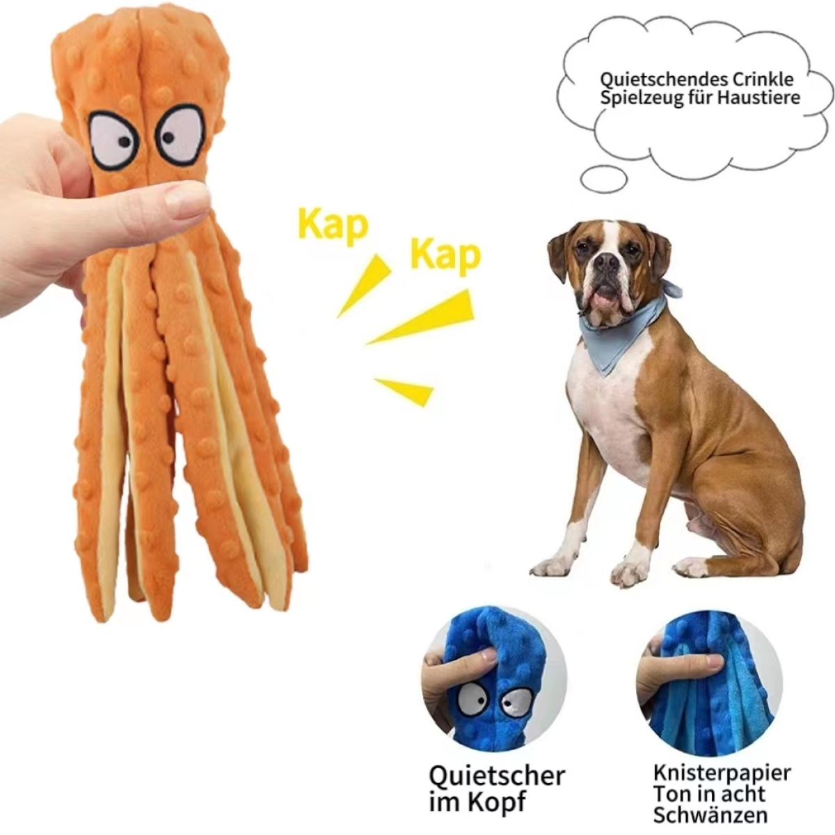 Oranger Oktopus-Hundespielzeug, gehalten von Hand, mit Hund im Hintergrund.