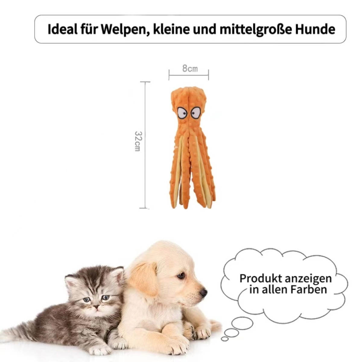 Spielzeug-Oktopus für Hunde. Orange mit zwei Augen und langen Tentakeln. Text zeigt Maße.