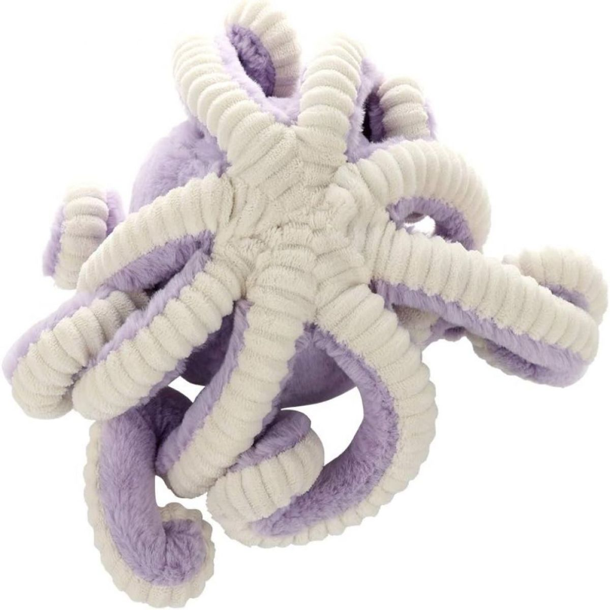 Ein weiches, plüschiges Oktopus-Spielzeug in Lila und Creme. Seine Tentakel sind auffällig.