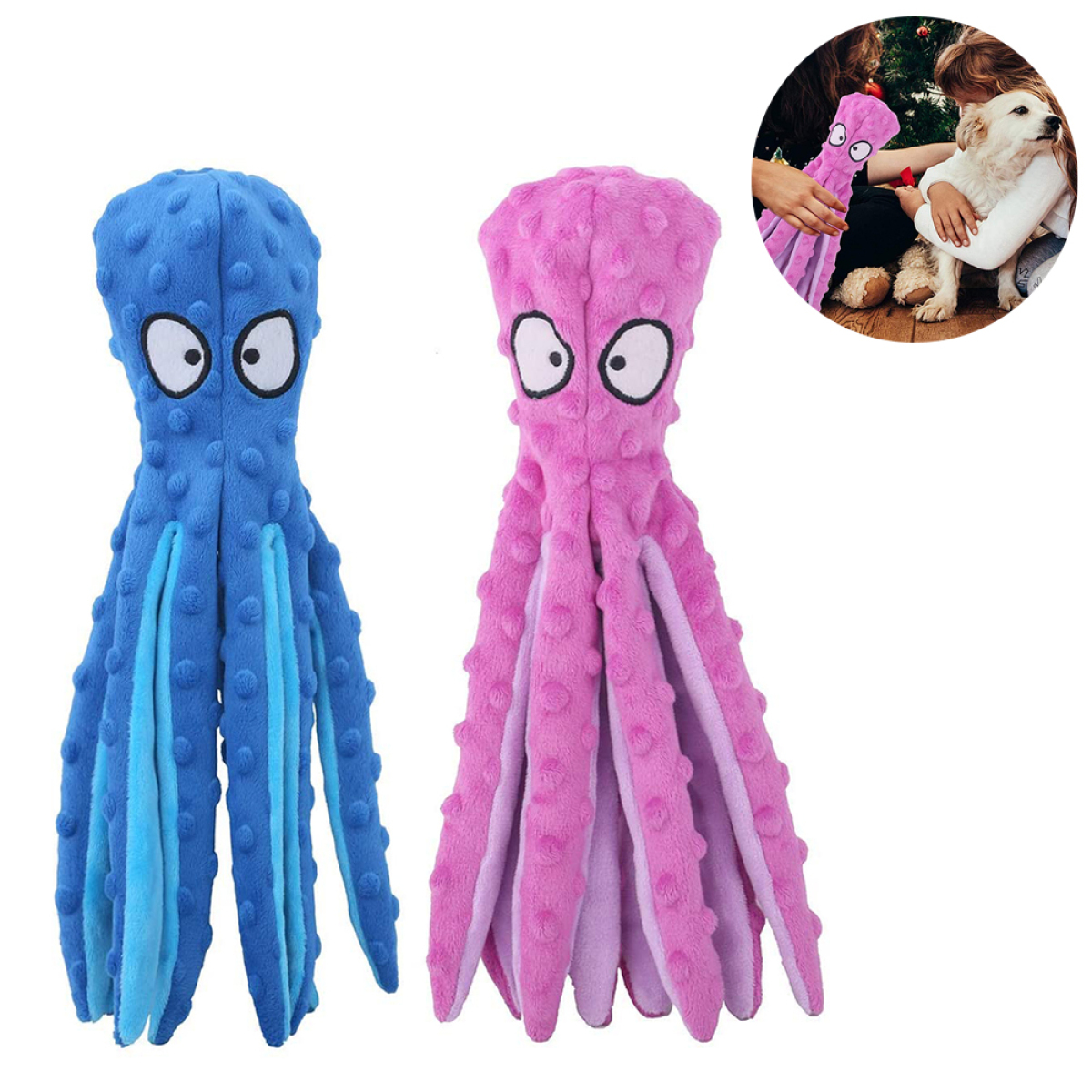 Zwei Plüsch-Oktopus-Spielzeuge für Hunde, eines blau und eines rosa, mit Hund und Person im Kreis.