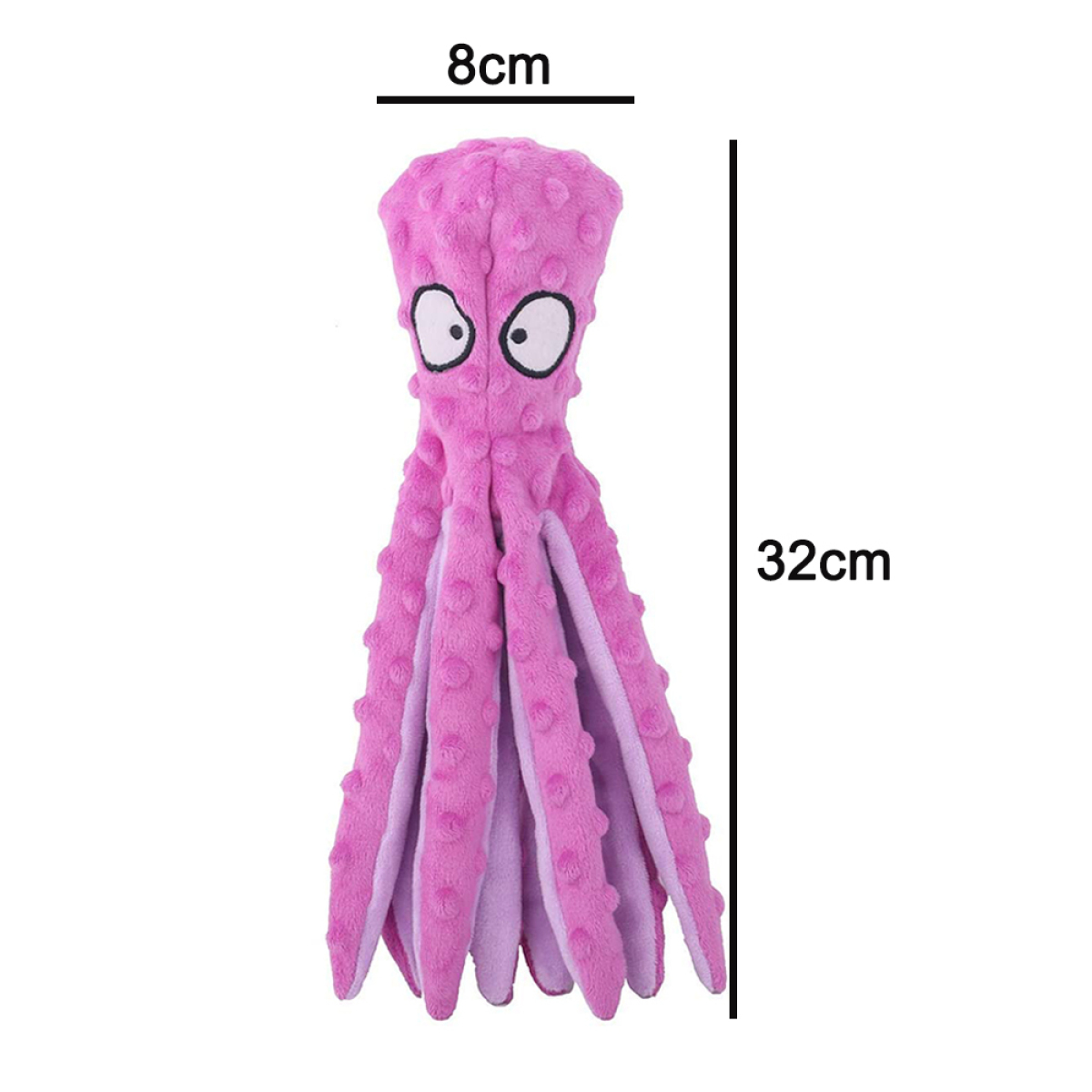 Rosa Oktopus-Plüschtier mit Augen und Tentakeln, 8cm breit, 32cm hoch.