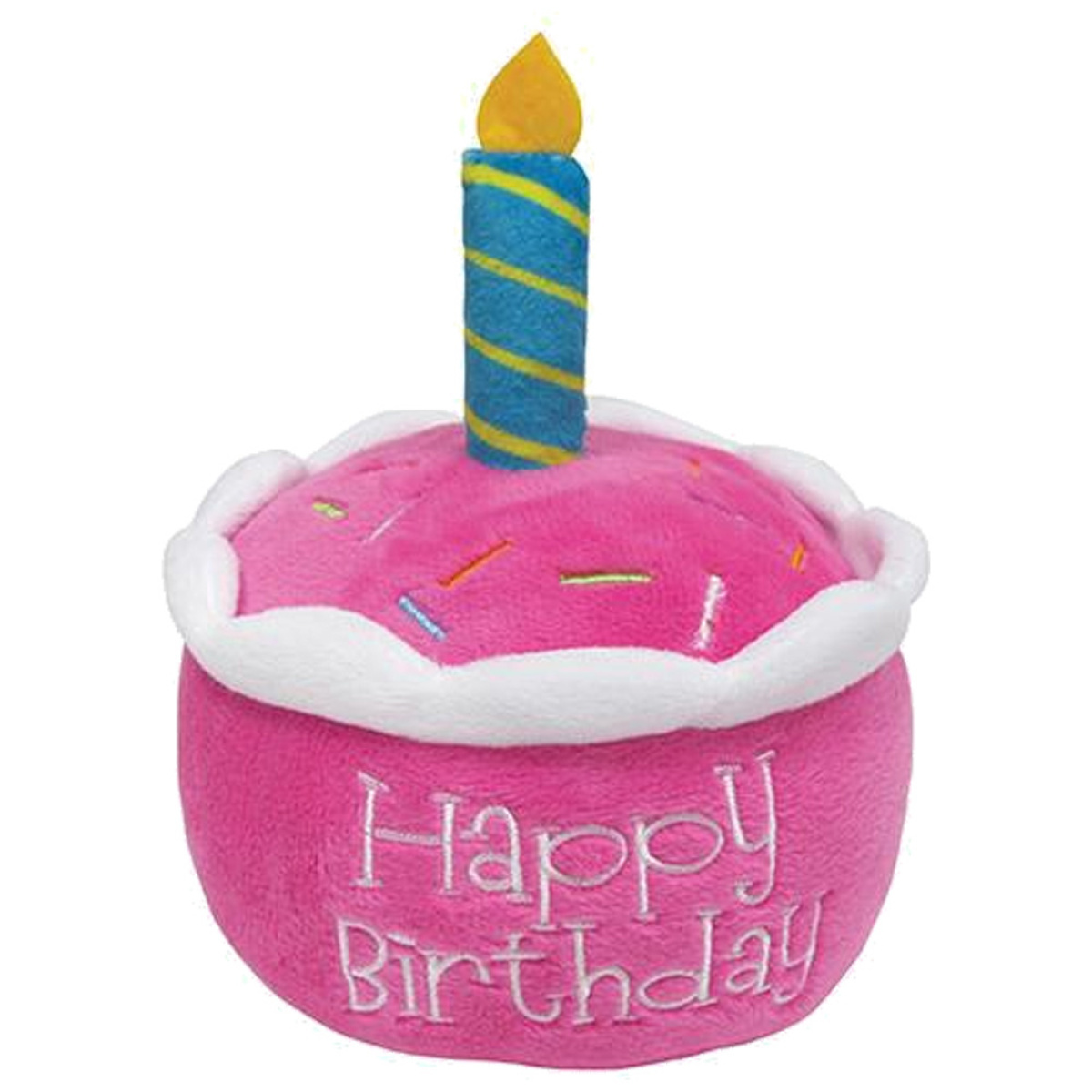 Ein rosa Cupcake-Spielzeug mit Happy Birthday und einer blau-gelben Kerze.