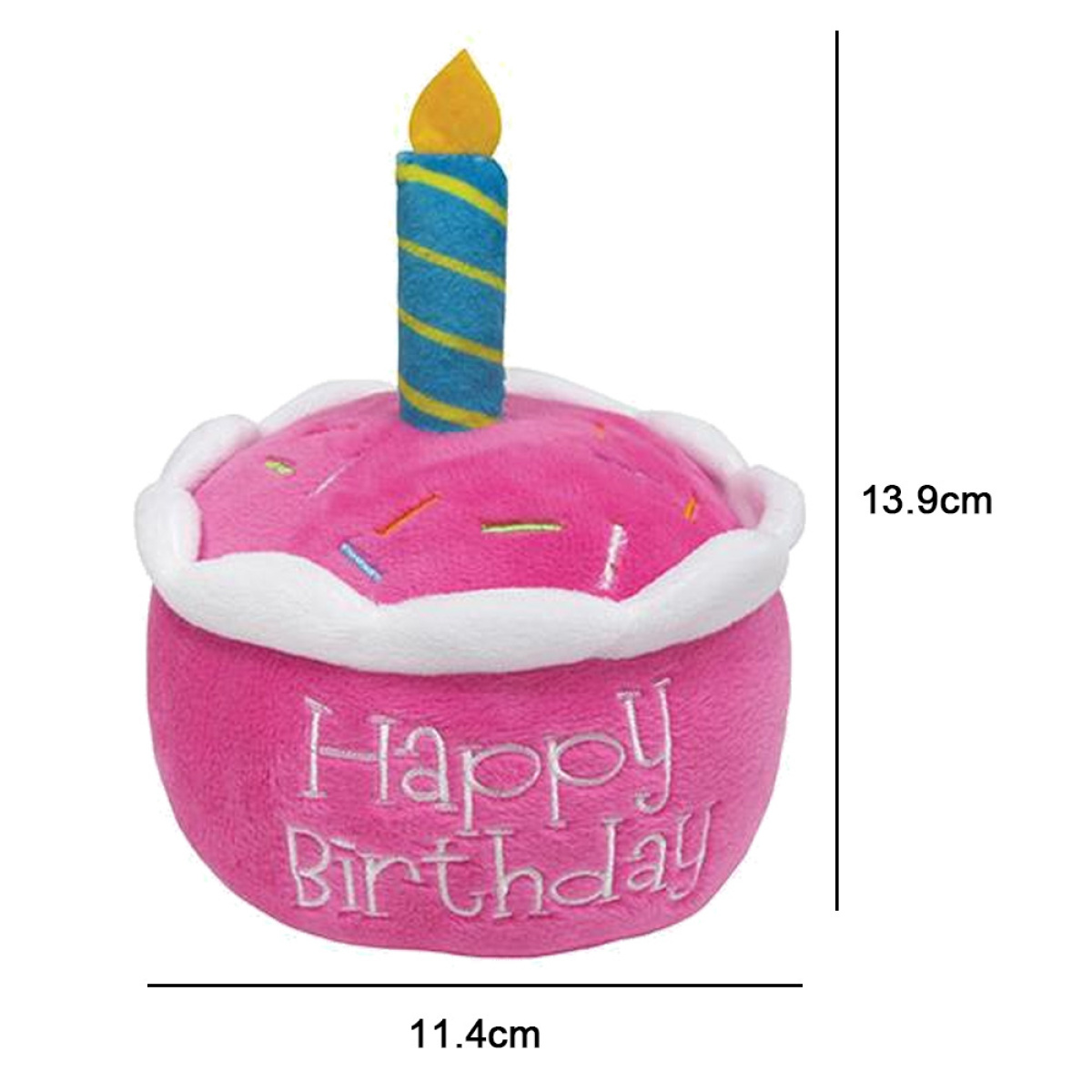 Ein rosa Cupcake mit 'Happy Birthday' Text und einer Kerze.