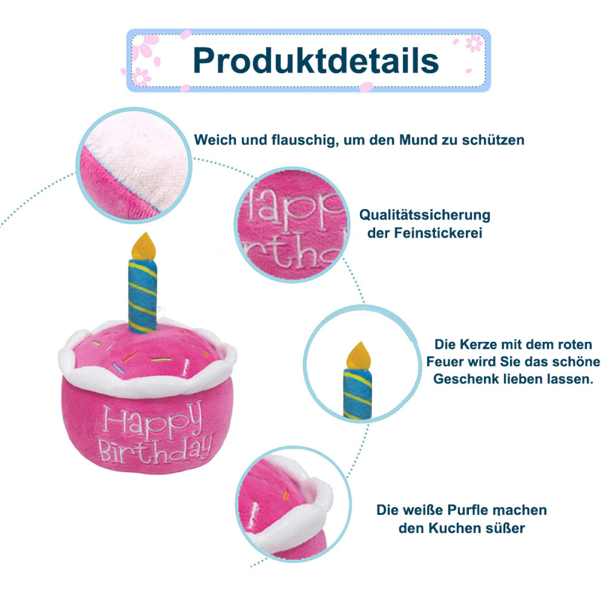 Ein rosa Kuchen mit 'Happy Birthday' Text, Kerzen und dekorativen Details.