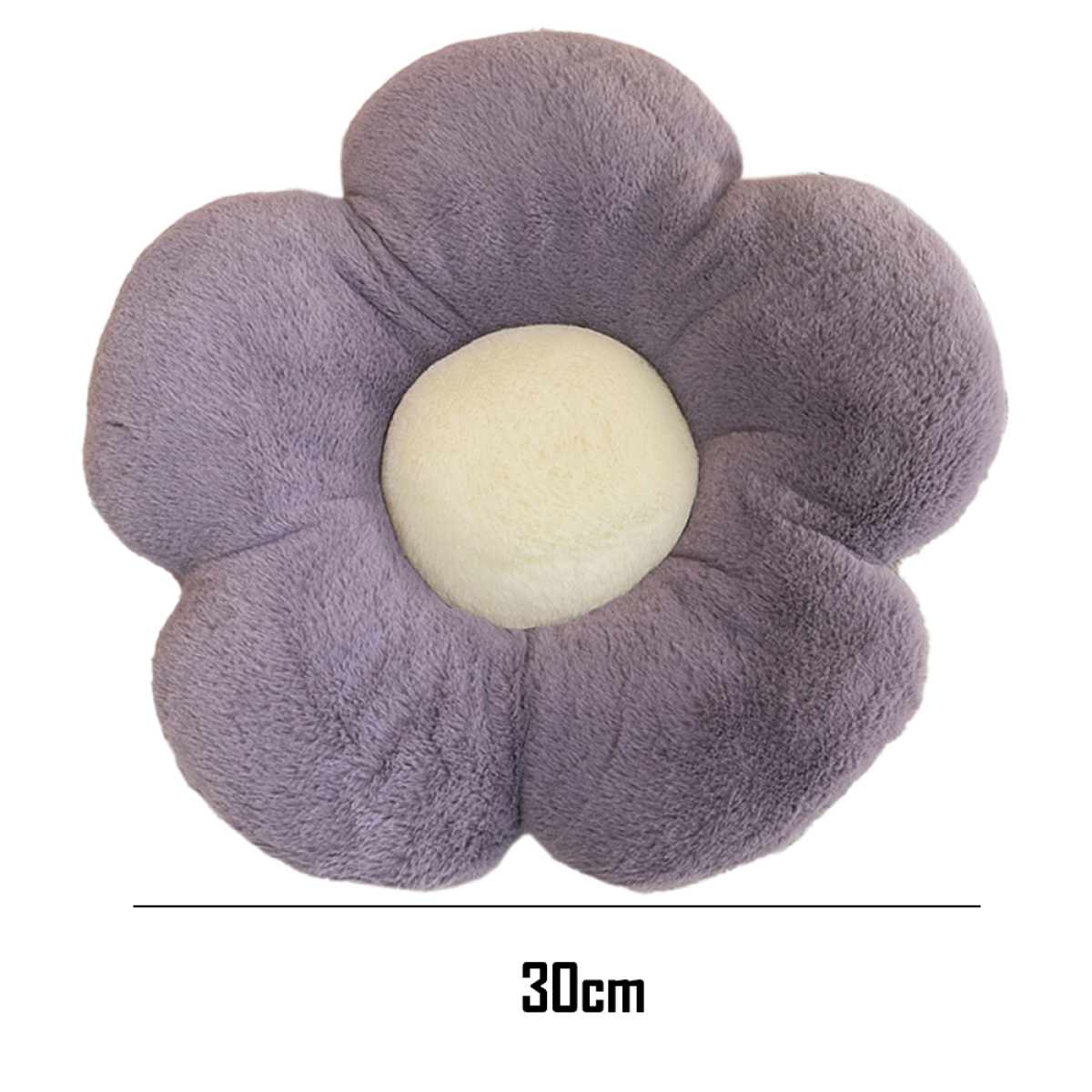 Lilafarbenes, blütenförmiges Plüschkissen mit cremefarbenem Zentrum. Der Durchmesser beträgt 30 cm.