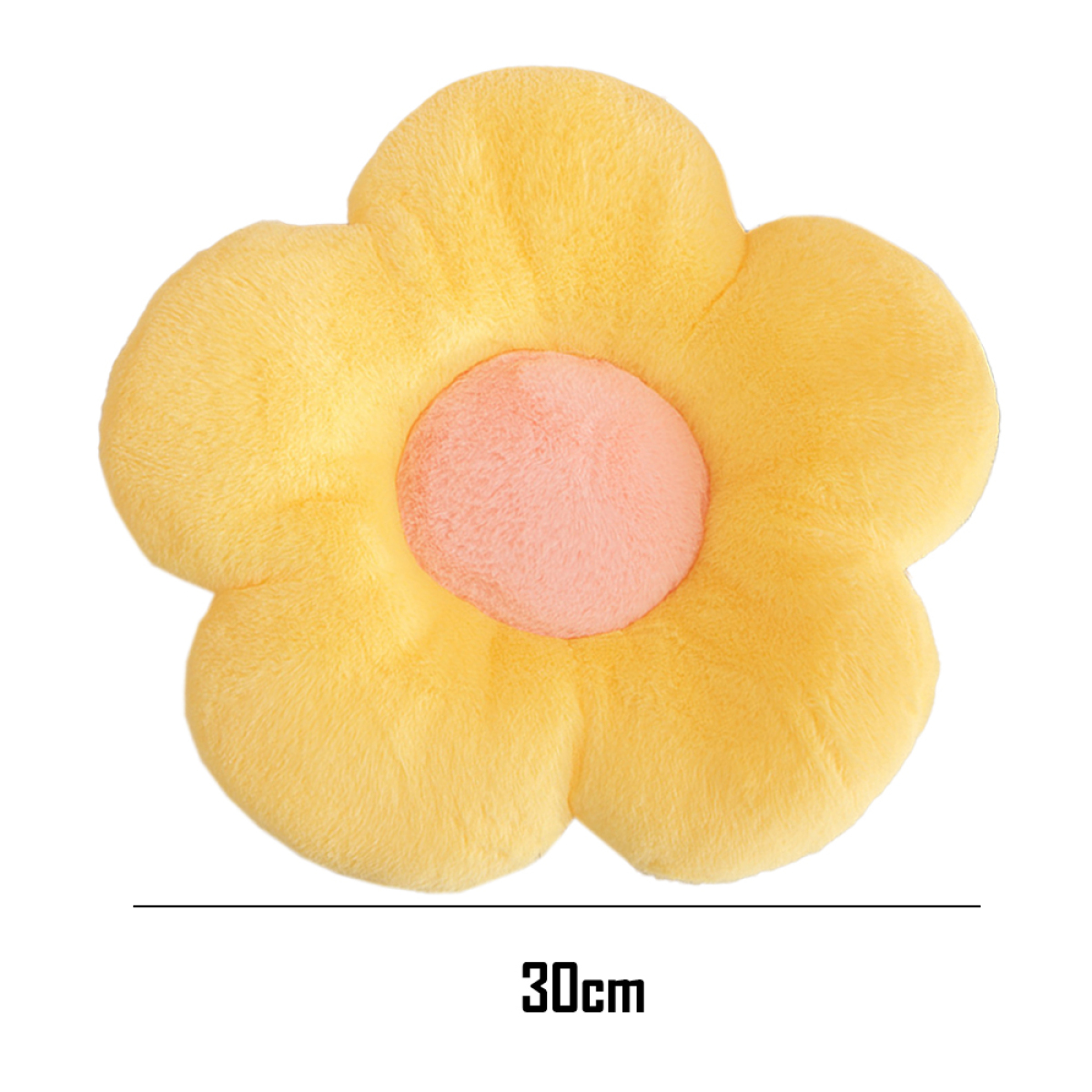 Eine gelbe Plüschblume mit rosa Mitte. Darunter ist ein Maß von 30 cm angegeben.
