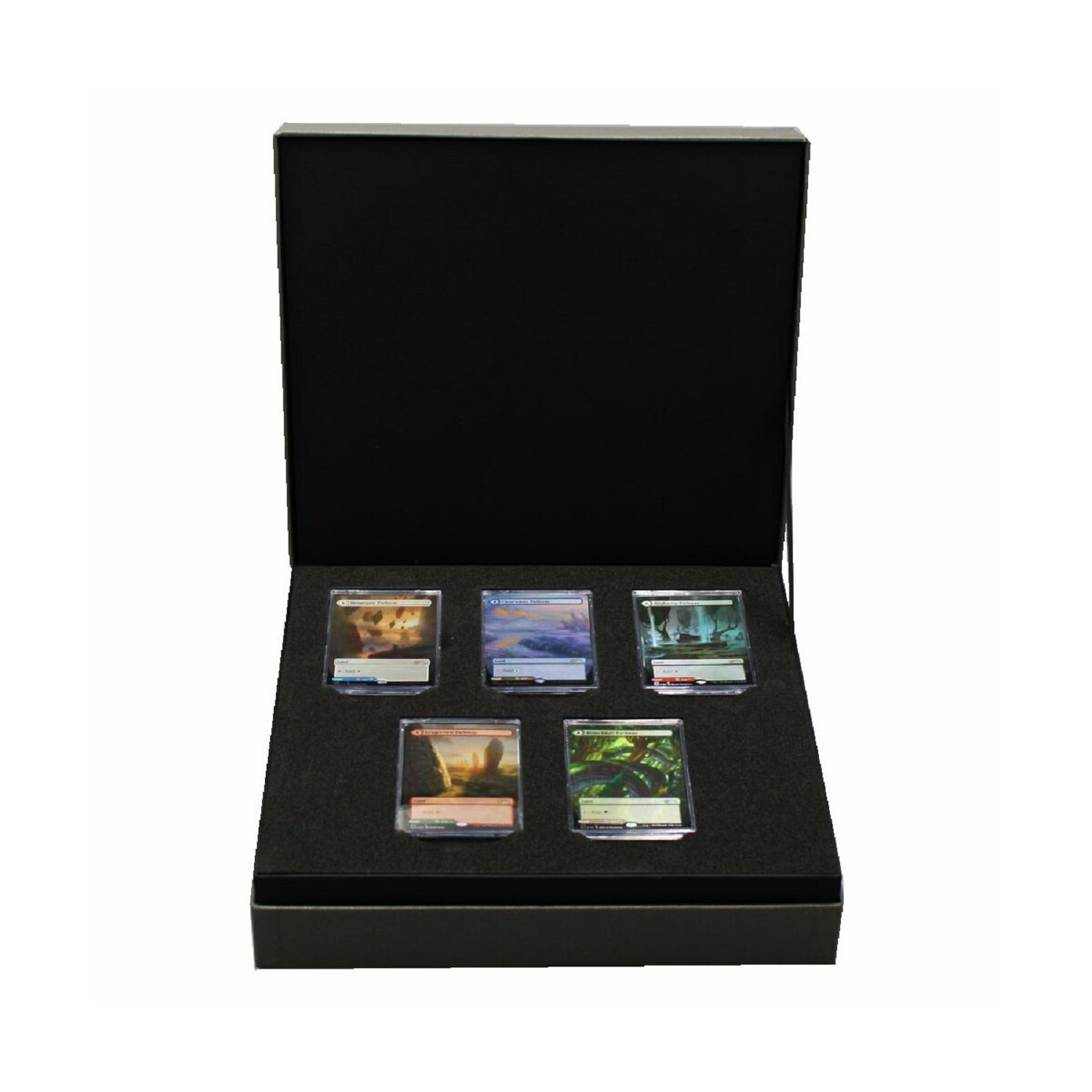 Schwarze Box mit 5 Magic-Karten in Schutzhüllen. Karten zeigen Bilder und sind auf schwarzer Schaumstoffbasis ausgestellt.