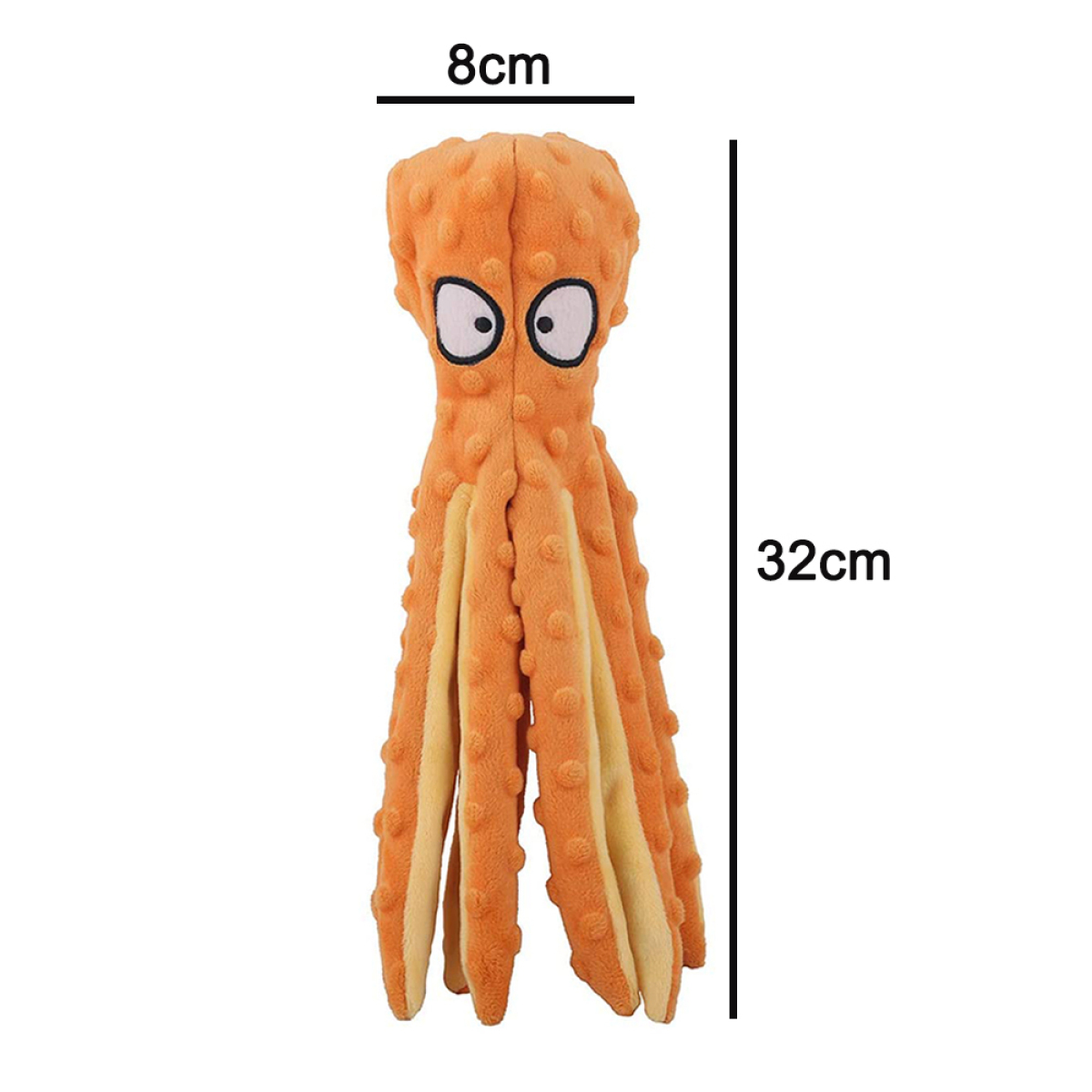 Nahaufnahme eines Spielzeug-Oktopus. Er ist orange mit zwei großen Augen und langen Tentakeln.