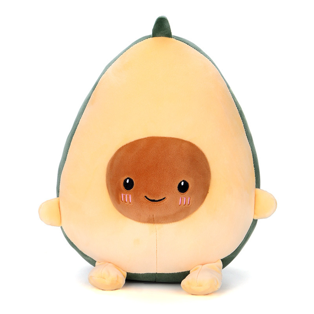 Ein Plüsch-Avocado-Spielzeug, grün mit einem braunen Kern. Es hat ein lächelndes Gesicht.