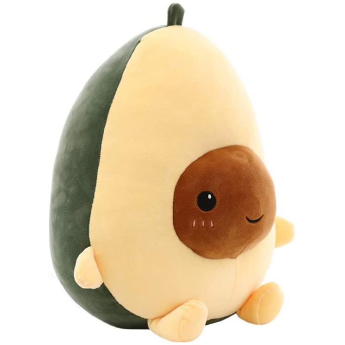 Ein Plüsch-Avocado-Spielzeug mit einem lächelnden Gesicht und einem braunen Kern. Es ist eine Stoff-Avocado.