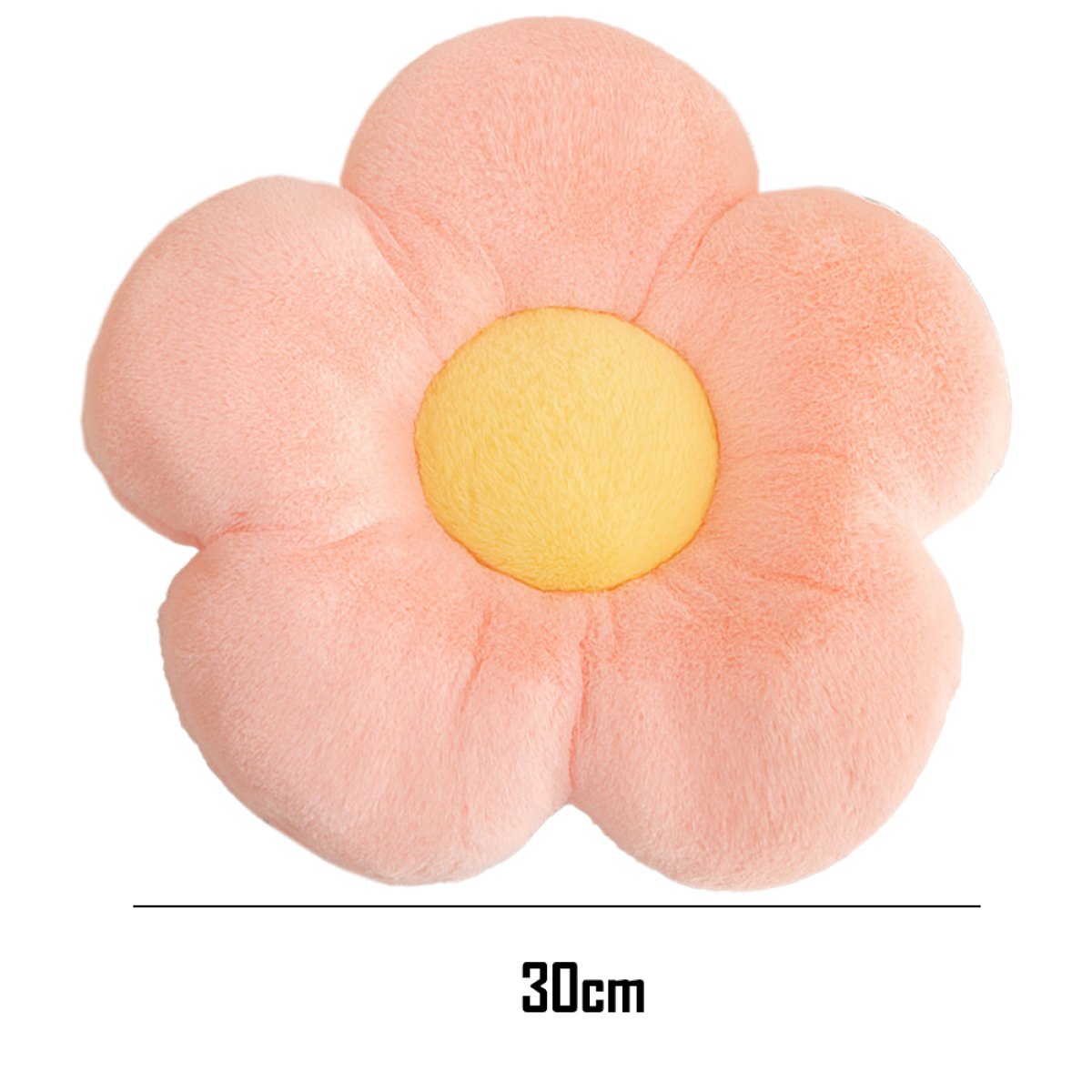 Ein rosa blütenförmiges Kissen mit gelber Mitte, 30 cm markiert.
